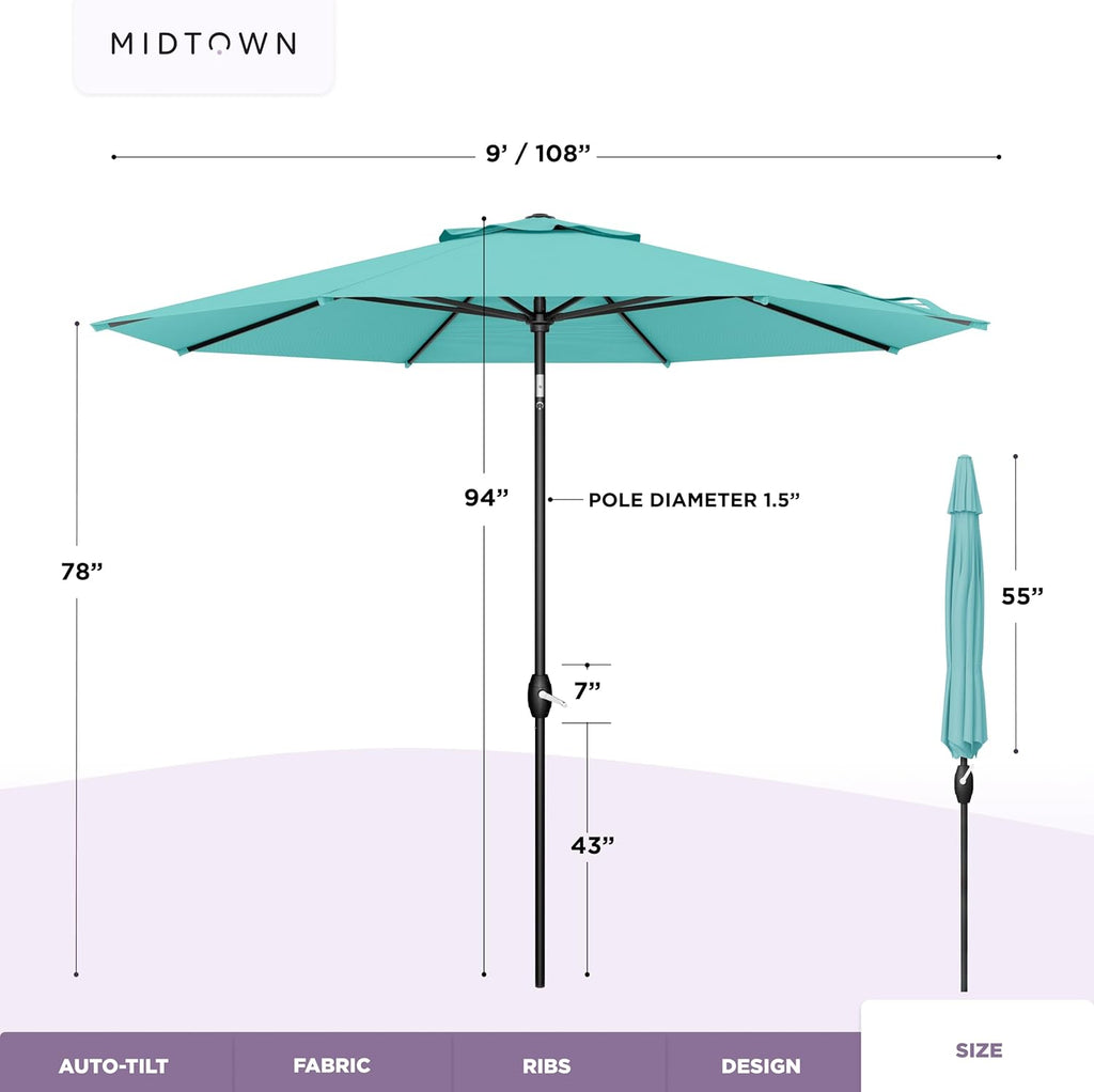 Midtown Umbrellas - The Lean 9 Ft Patio Umbrella with Fade-Resistant Sunbrella Fabric  Auto-Tilt Aluminum Frame and 8 Reinforced Ribs for Deck  Pool & Garden - Aruba Canopy  Black Pole