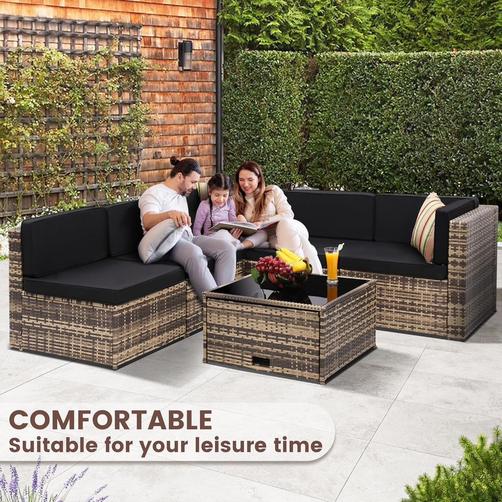 8-Piece Patio Furniture Set  Outdoor Wicker Rattan Sectional with Thick Cushions  Glass Top Table with Hidden Storage  Outdoor Conversation Set for Backyard  Porch  Patio  Black