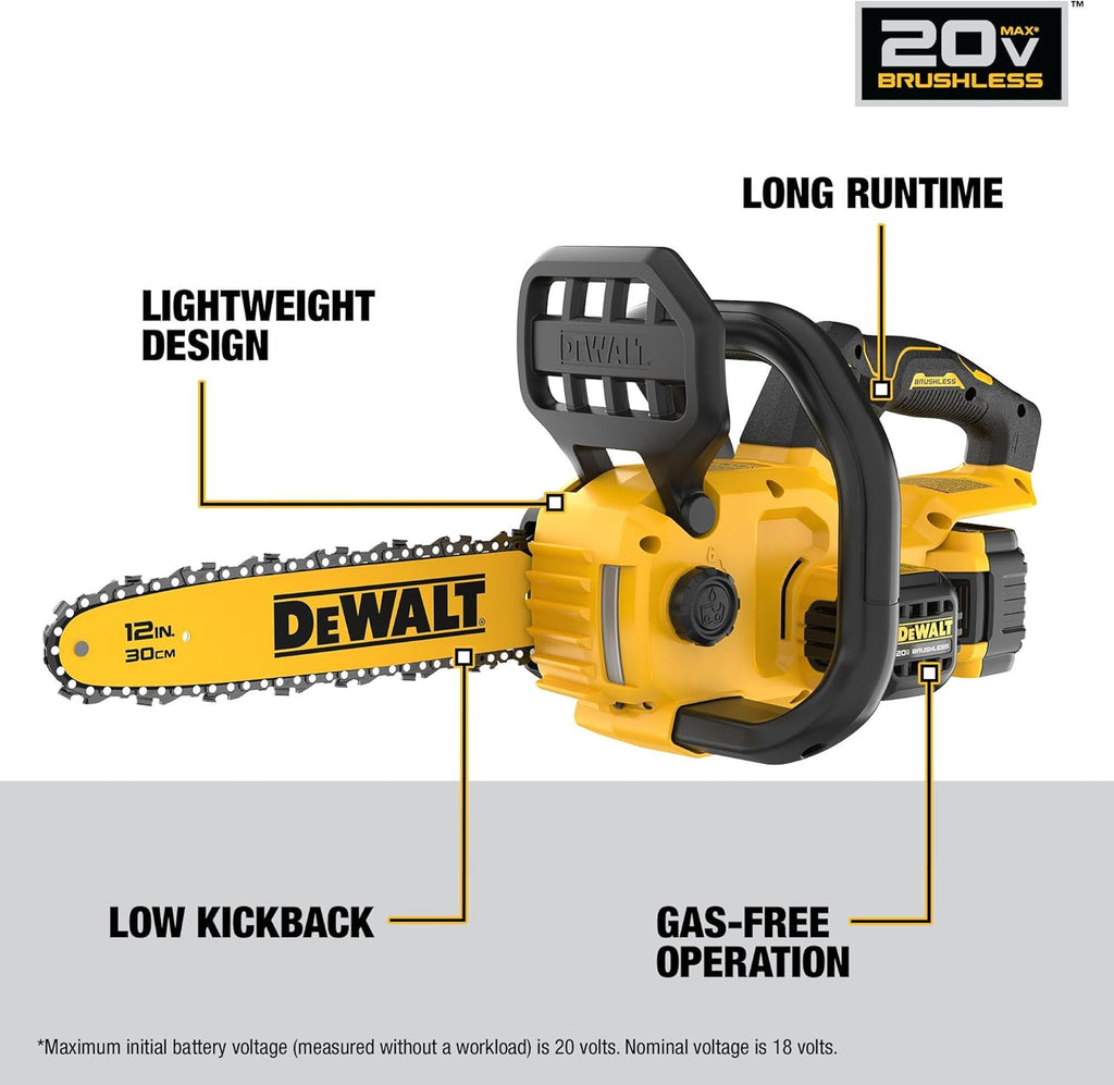 DEWALT 20V MAX 12" Cordless Chainsaw Kit with Battery and Charger Included (DCCS621P1)