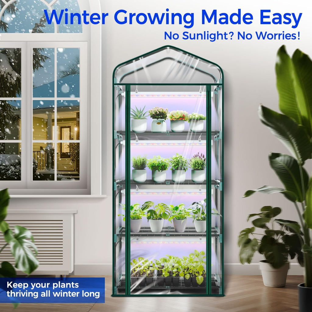 Indoor Greenhouse with Grow Light  Ohuhu 4-Tier Mini Green House for Winter - Full Spectrum Greenhouses for Seed Starting Small Portable Green Houses Waterproof PVC Cover & Adjustable Shelves