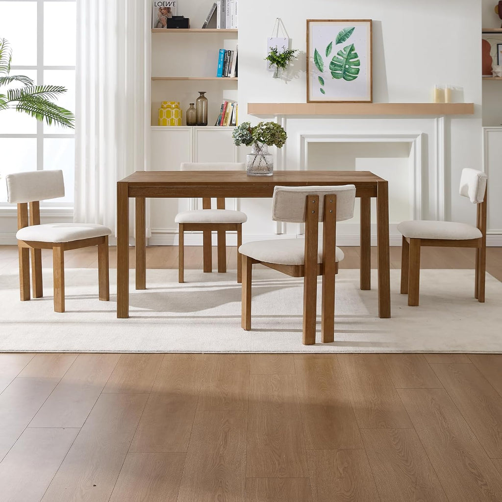 Kmax Farmhouse Dining Chair Set of 6, Linen Fabric Kitchen Chair Curved Back Armless Dining Room Chairs with Walnut Wood Legs for Family Diner, White