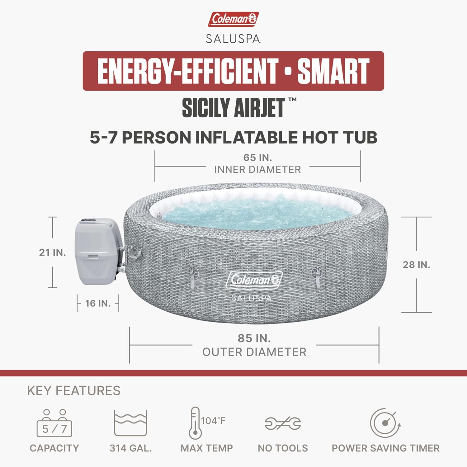 Coleman Sicily Energy-Efficient AirJet Inflatable Hot Tub 5-7 Person with App-Control