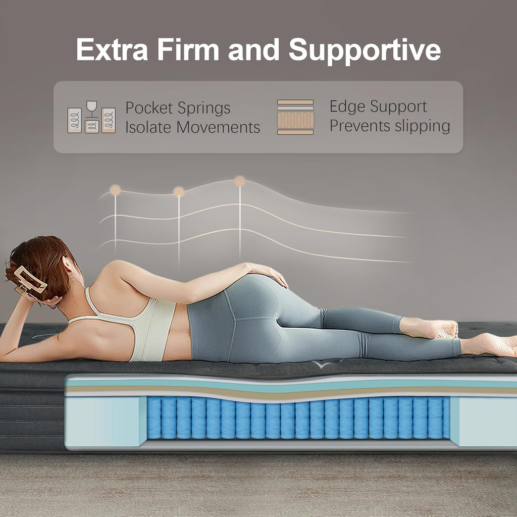 Extra Firm Queen Mattress, 14 Inch Queen Size Mattress,Memory Foam Hybrid with Extra Lumbar Support, Back Pain Relief&Cool Sleep, Firm Foam Encased Edge,Motion Isolation,Fiberglass-Free