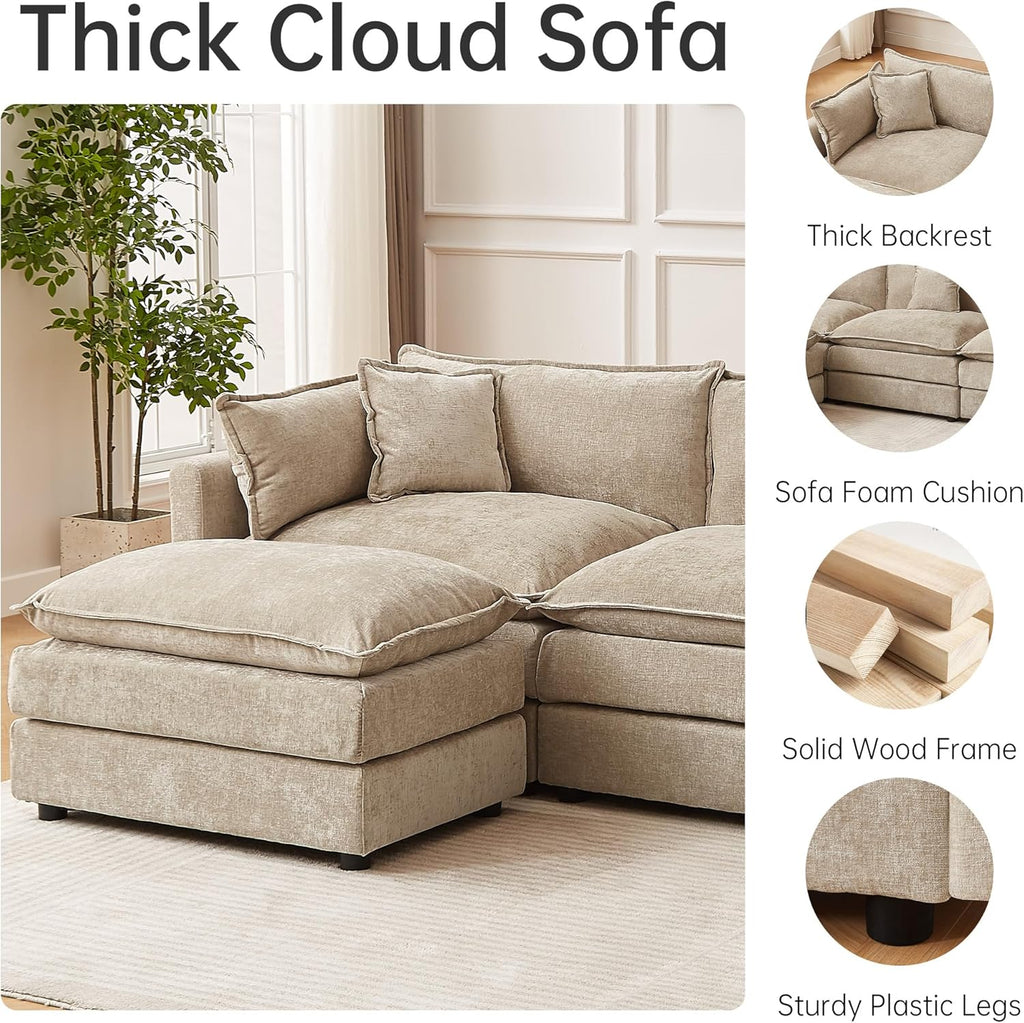 Modular Sectional Sofa, 147.2 Inch U Shaped Couch Set with Armrests, 4-Seater Comfy Cloud Couches with Movable Ottoman for Living Room Apartment, Coffee