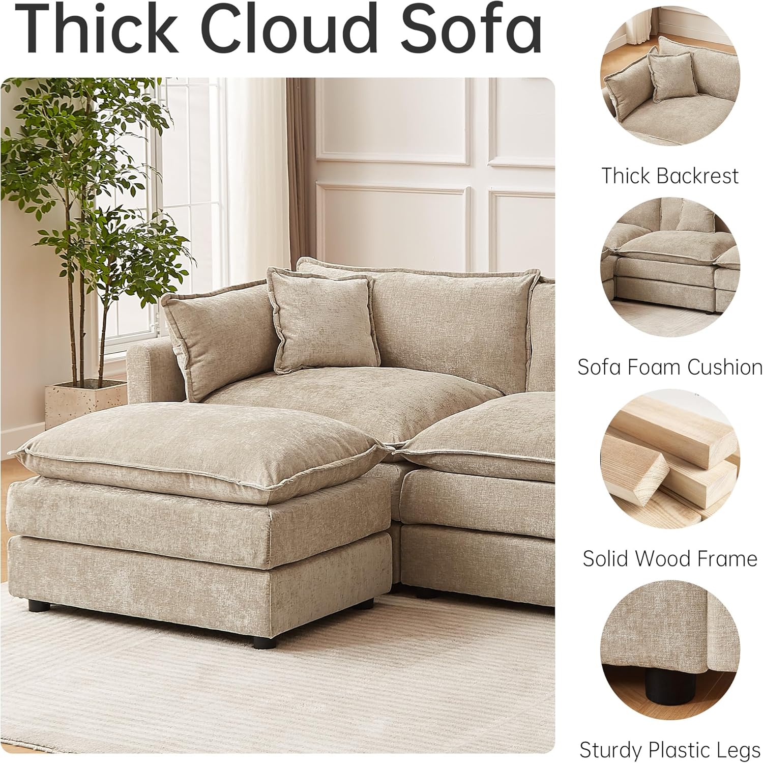 Modular Sectional Sofa, 147.2 Inch U Shaped Couch Set with Armrests, 4-Seater Comfy Cloud Couches with Movable Ottoman for Living Room Apartment, Coffee