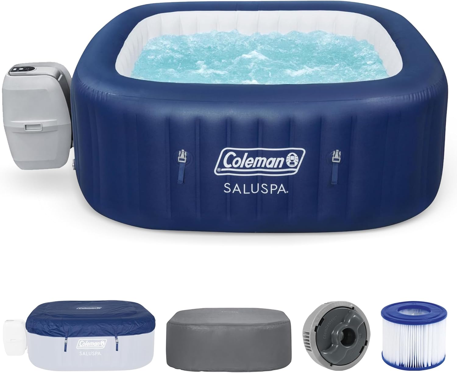 Coleman SaluSpa Atlantis AirJet Inflatable Hot Tub  4 to 6 Person Square Portable Outdoor Spa with 140 Air Jets  App Control and EnergySense Insulated Cover  71" x 28"