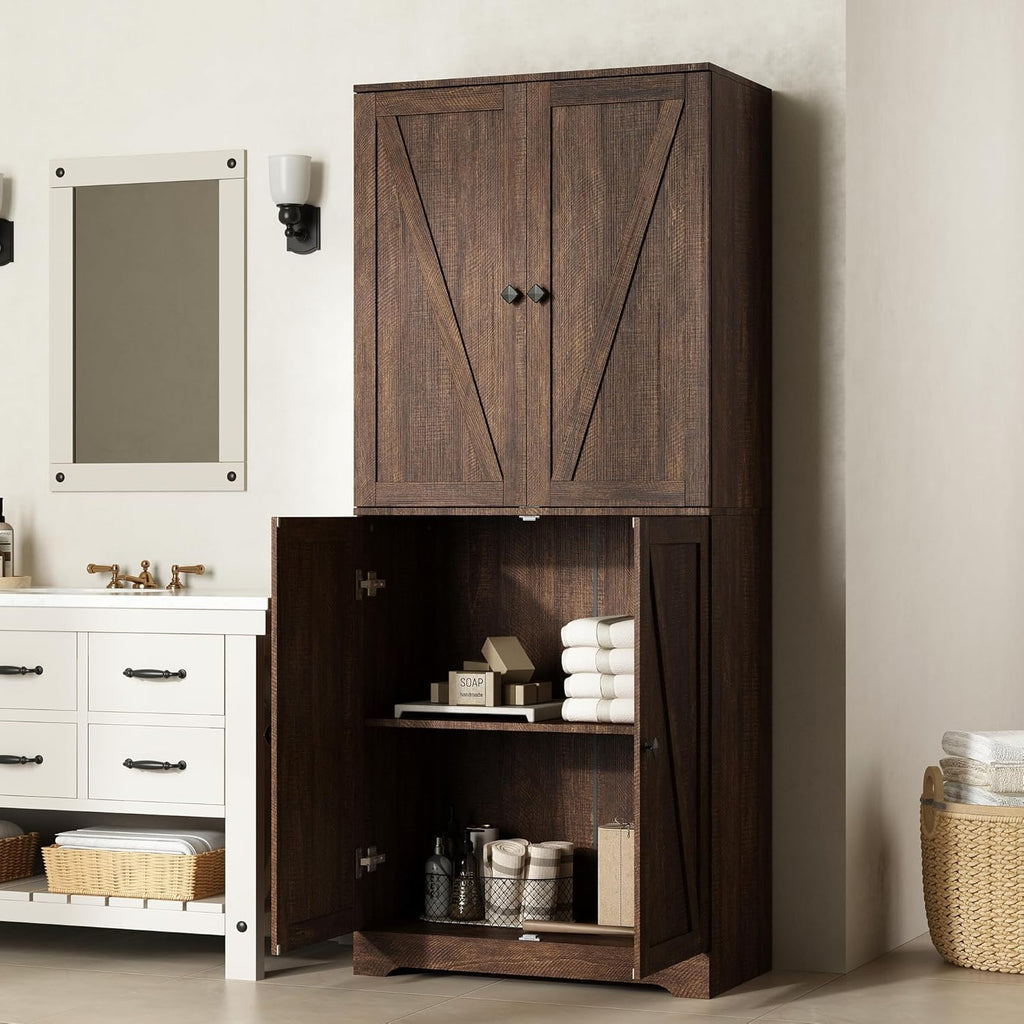 Kitchen Pantry Cabinet, 72” Tall Farmhouse Storage Cabinet with 4 Barn Doors and Adjustable Shelves, Pantry Storage for Kitchen, Living Room, Brown