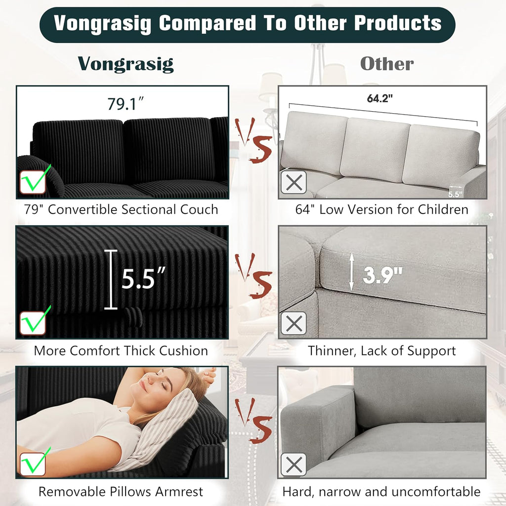 Vongrasig 79" Convertible Sectional Couch Sofa with Storage Ottoman, 3 Seat L Shaped Couch with Side Storage Pockage, Small Couches for Living Room, Apartment and Small Space, Black
