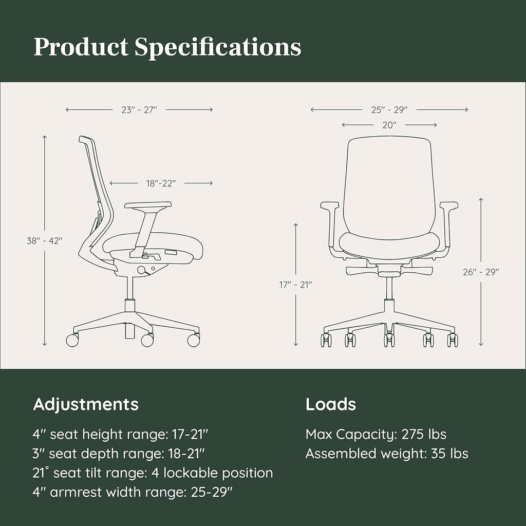 Branch Ergonomic Chair - A Versatile Desk Chair with Adjustable Lumbar Support, Breathable Mesh Backrest, and Smooth Wheels - Experience Optimal Comfort and Support - Sand - White