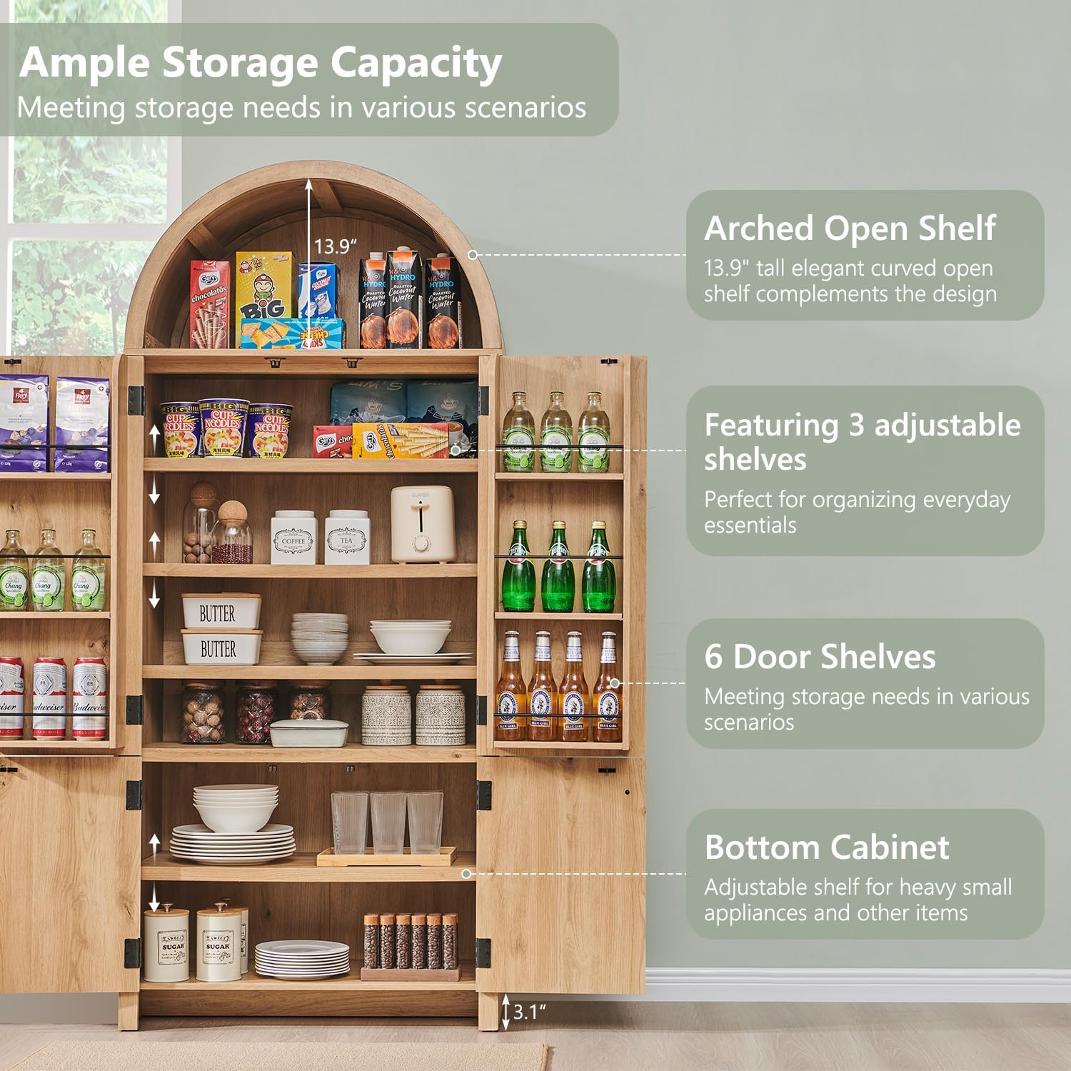 71" Tall Arched Kitchen Pantry, Modern Fluted Wood Storage Cabinet with Doors, 3 Adjustable Shelves, 6 Door Shelves, Organizer, Versatile Cupboard for Kitchen, Bathroom, Natural