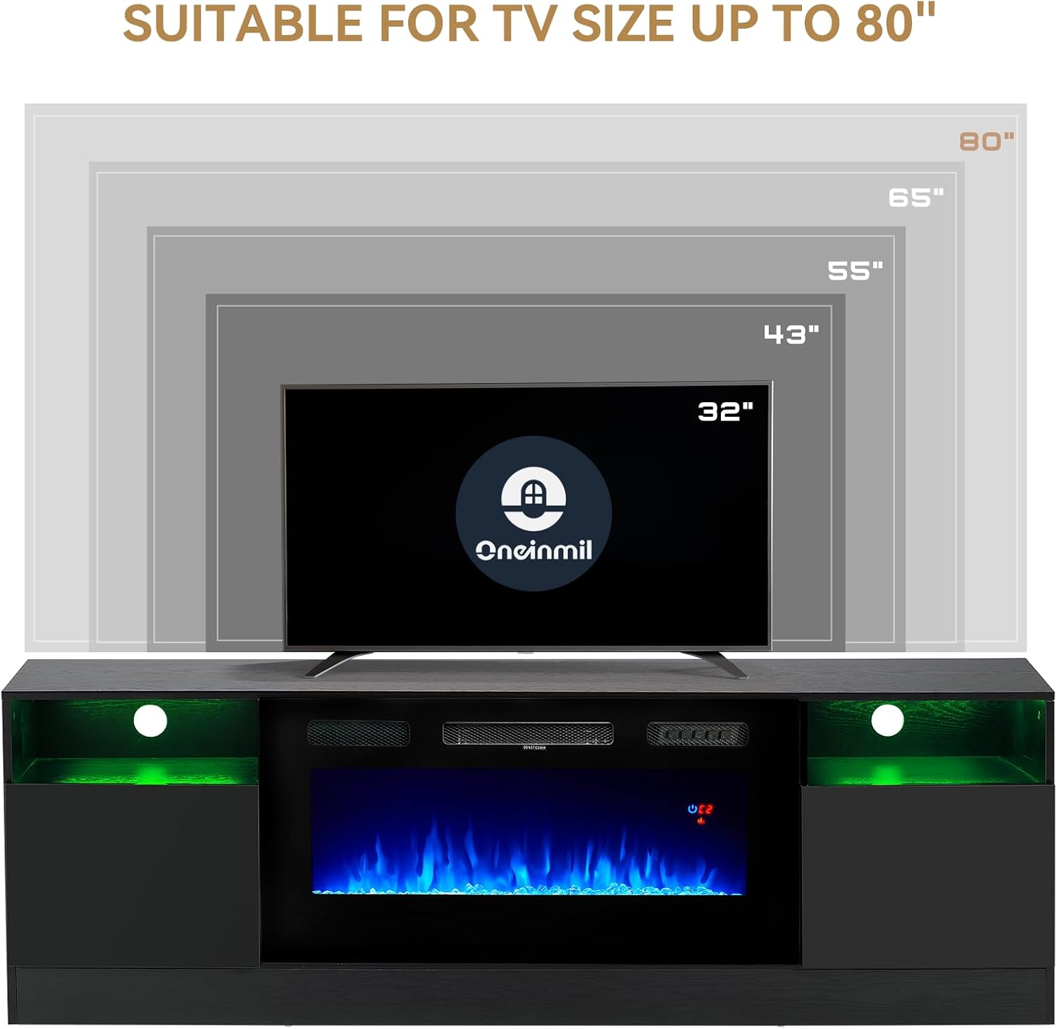 oneinmil Fireplace TV Stand with 36" Electric Fireplace, LED Light Entertainment Center, Modern Wood Texture Entertainment Stand with Highlight Storage Cabinet for TVs Up to 80", 70 inches, Black