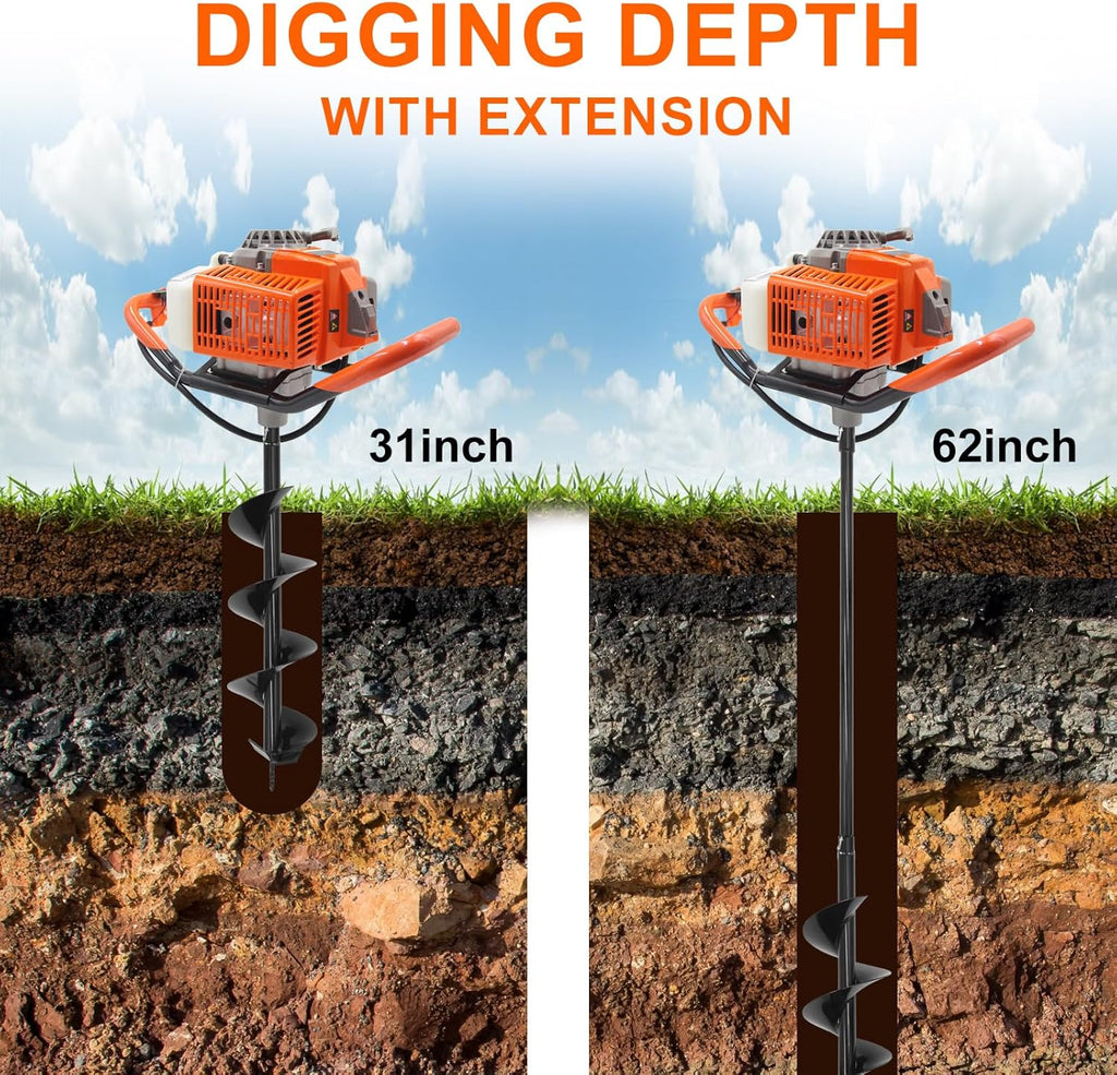 72CC Newly Upgraded Post Hole Digger Gas Powered  2 Stroke Auger Post Hole Digger with 3 Drill Bits (4" &6" & 12") + 2 Extension Rod for Planting - Ideal for Farm & Garden