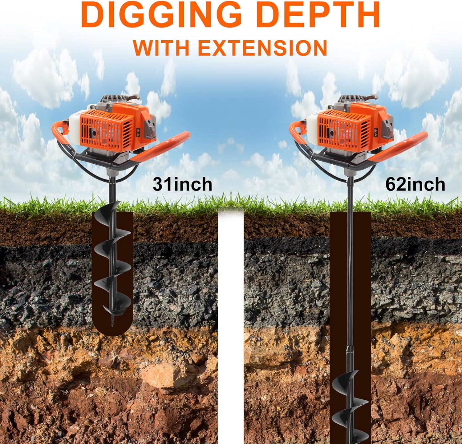 72CC Newly Upgraded Post Hole Digger Gas Powered  2 Stroke Auger Post Hole Digger with 3 Drill Bits (4" &6" & 12") + 2 Extension Rod for Planting - Ideal for Farm & Garden