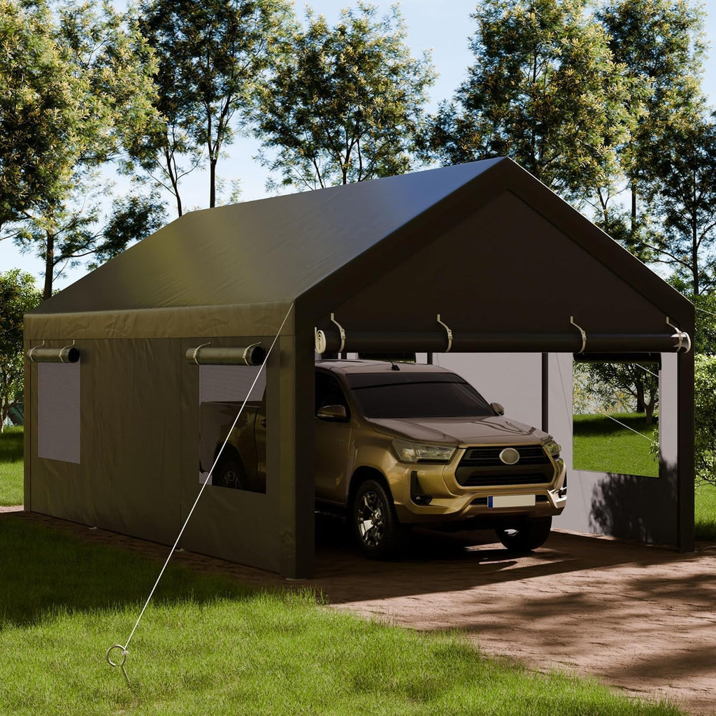Shintenchi 12x20 FT Heavy-Duty Design Carport Portable Garage Canopy Carport Canopy with Side-Opening Removable Door & Roll-Up Window Portable Car Port for Car  Truck  Boat Grey