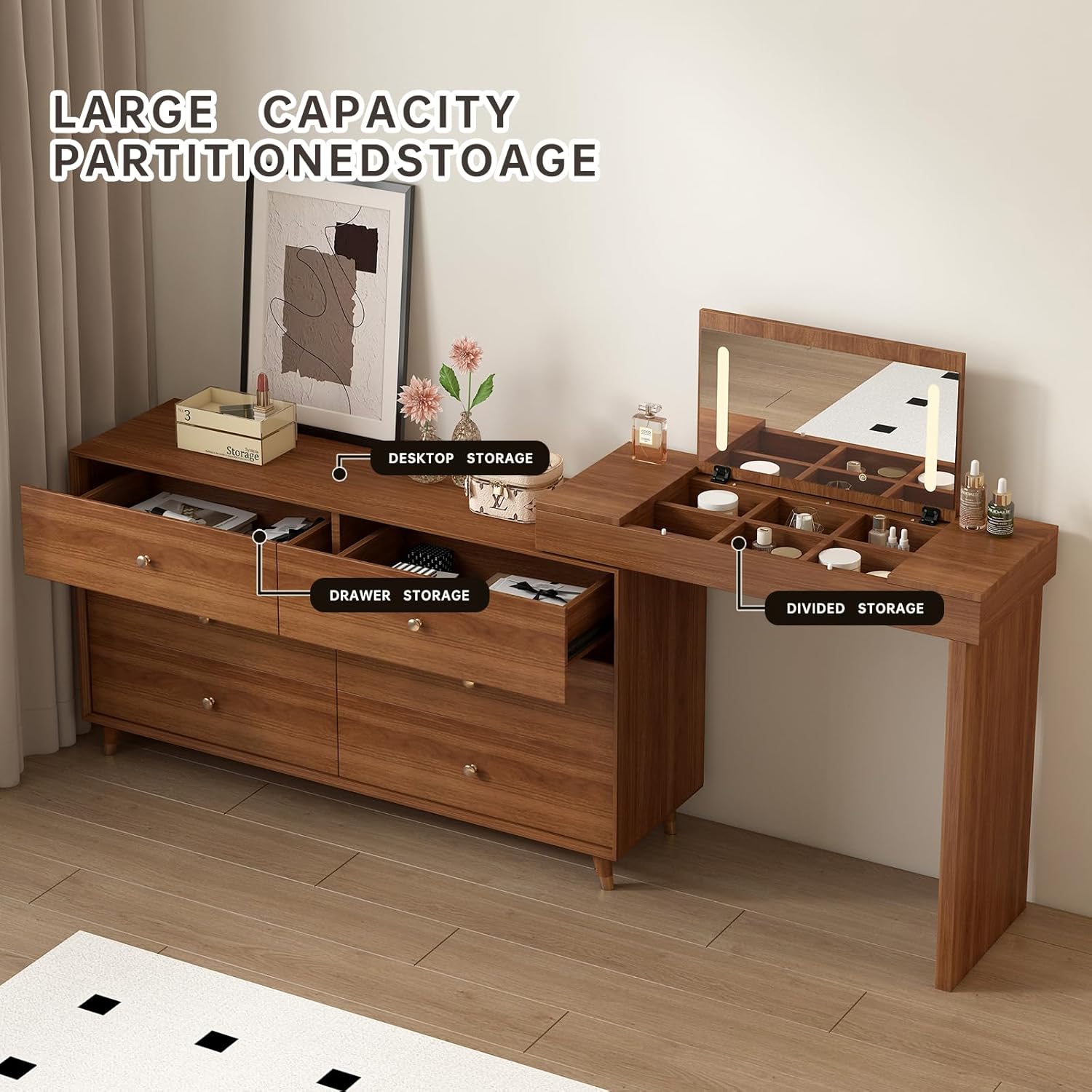 Vanity Desk with Mirror and Lights, Vintage 6 Drawer Dresser Desk Combo for Women with 50-90 in Adjustable L-Shape Makeup Table, Vanity for Bedroom with Jewelry and Cosmetics Storage Space,Walnut