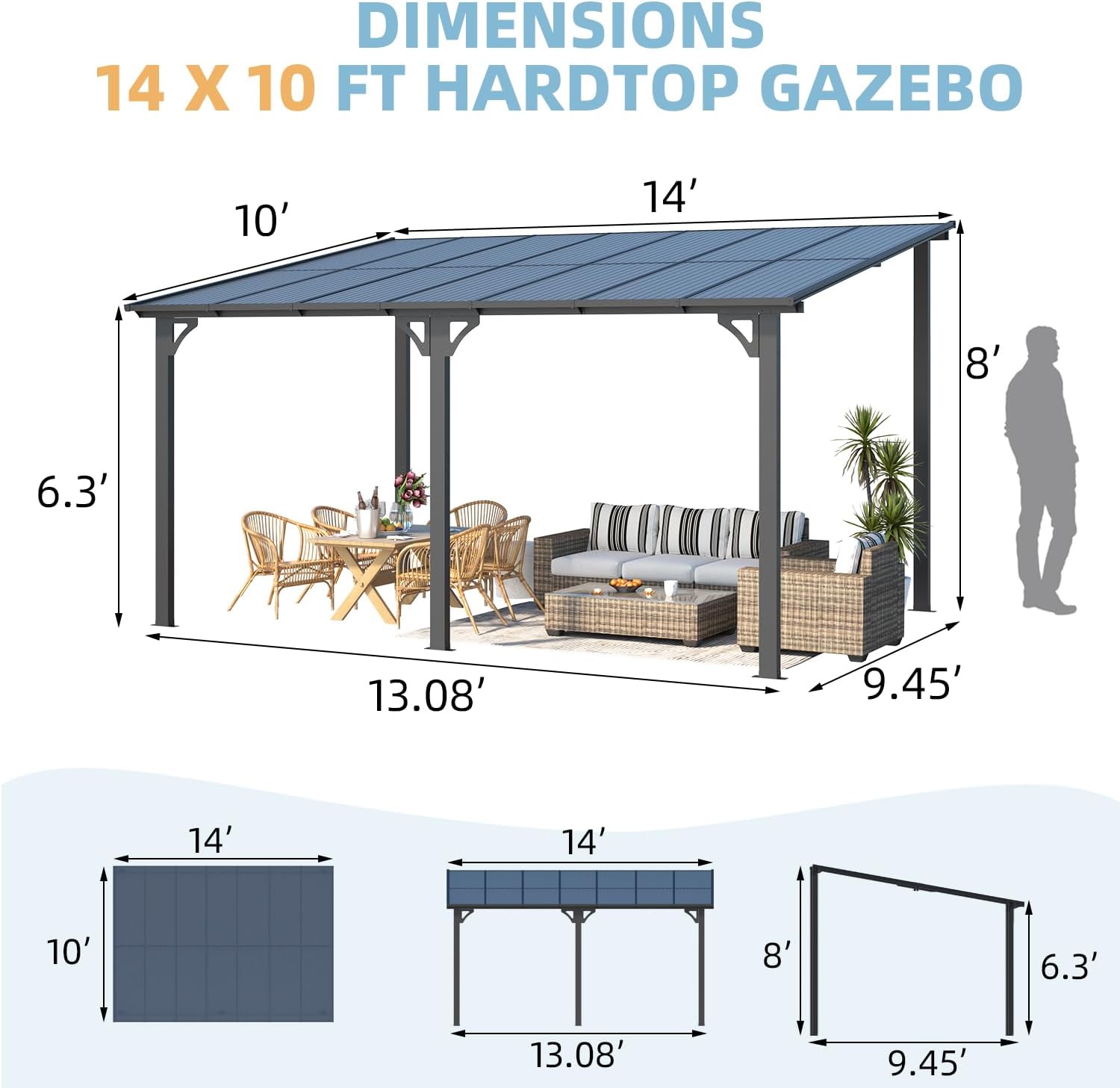 AECOJOY 14' x 10' Gazebo for Patio  Hard Top Lean to Gazebo Pergola with Roof (140 Sq.Ft Shaded)  Large Wall-Mounted Heavy Duty Awnings for Patio  Decks  Backyard and More