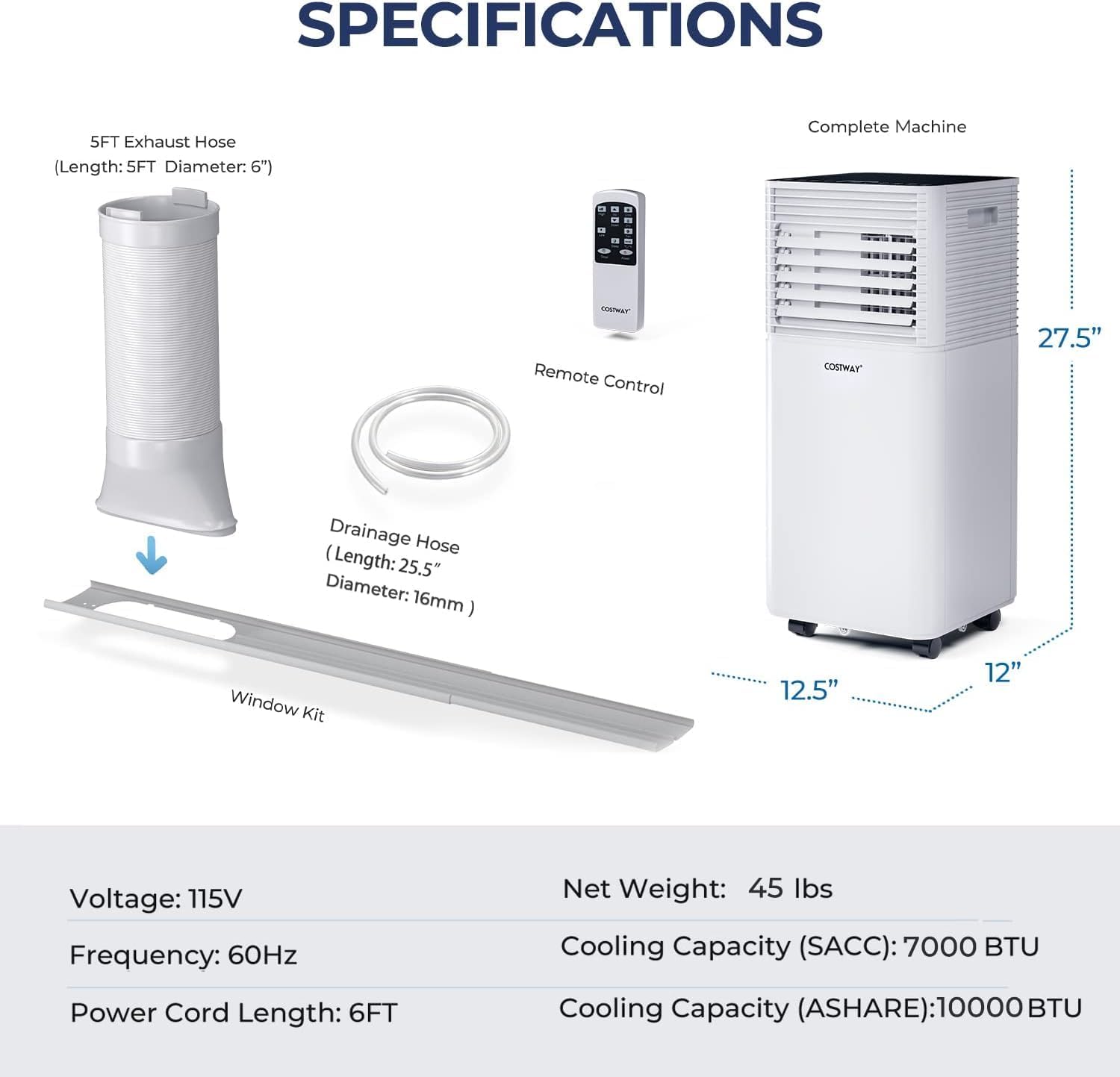 COSTWAY Portable Air Conditioner, 8000 BTU AC Unit Spaces up to 230sq.ft, with Remote Control, 24H Timer & Window Venting Kit, Sleep Mode, Suitable for Bedroom, Living Room, Office (Black, 8000BTU)