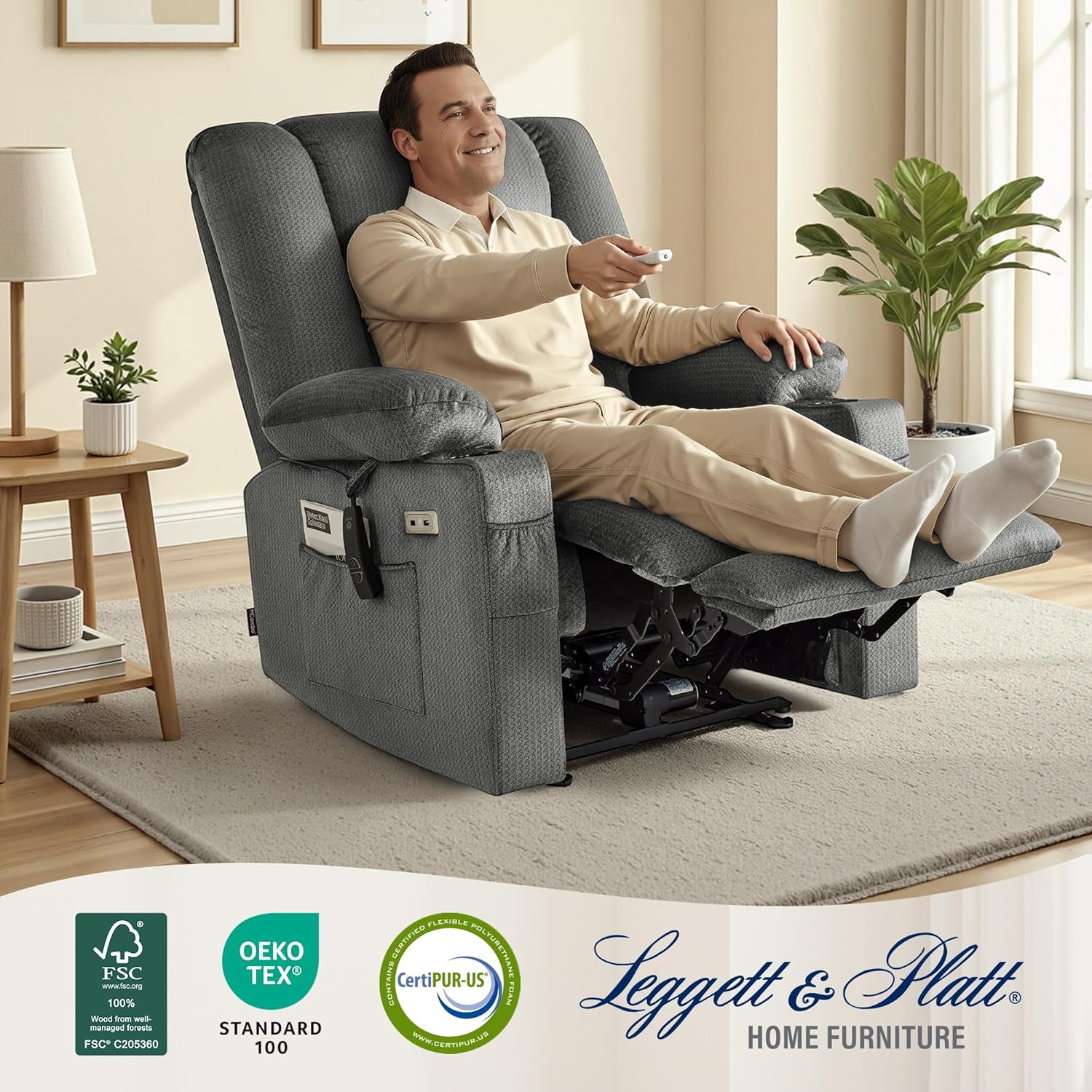 MCombo Oversized Recliner Chair for Big and Tall, Zero Gravity Recliner with Massage and Heat, USB & Type C Ports, Cup Holders for Living Room PR671(Grey, Oversized)