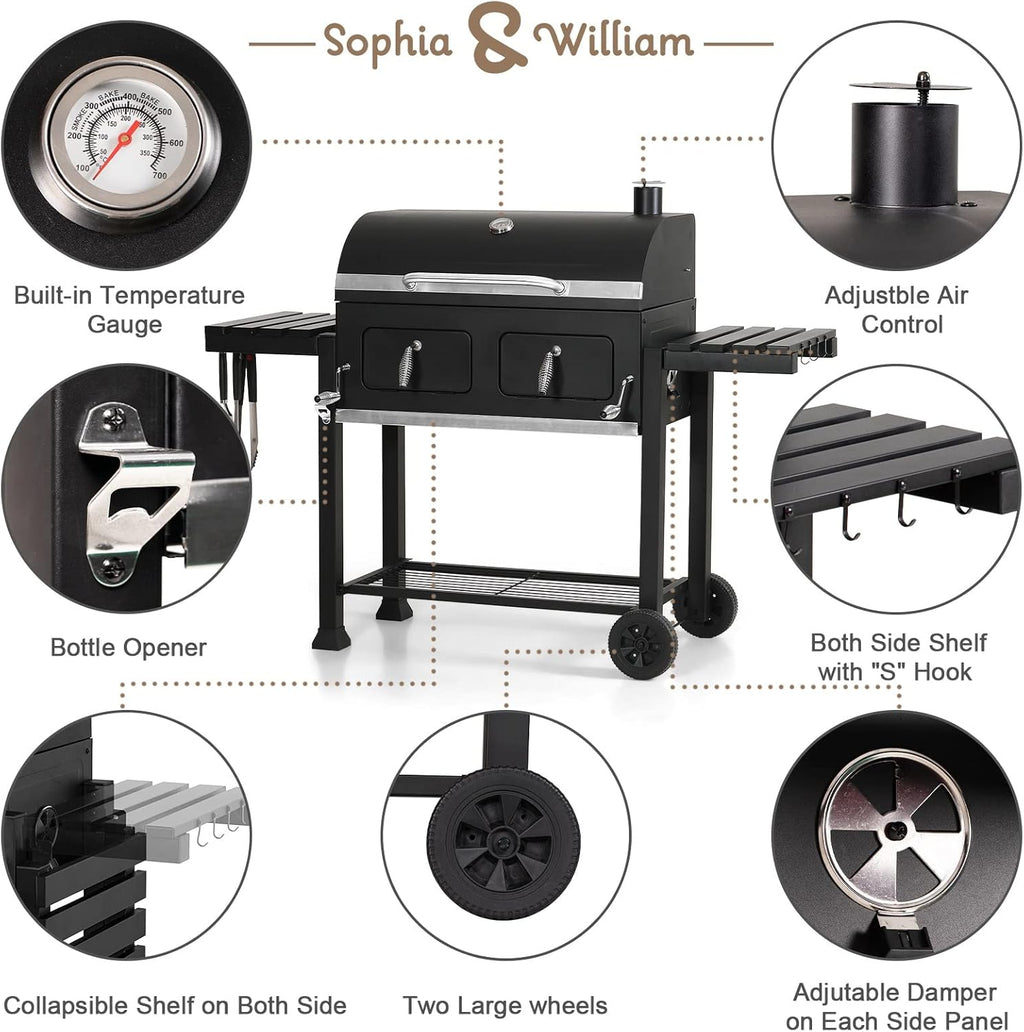 Sophia & William Extra Large Charcoal BBQ Grills with 794 SQ.IN. Cooking Area  Heavy Duty Outdoor Barbecue Grill with 2 Individual Lifting Charcoal Tray and 2 Foldable Side Table  Black