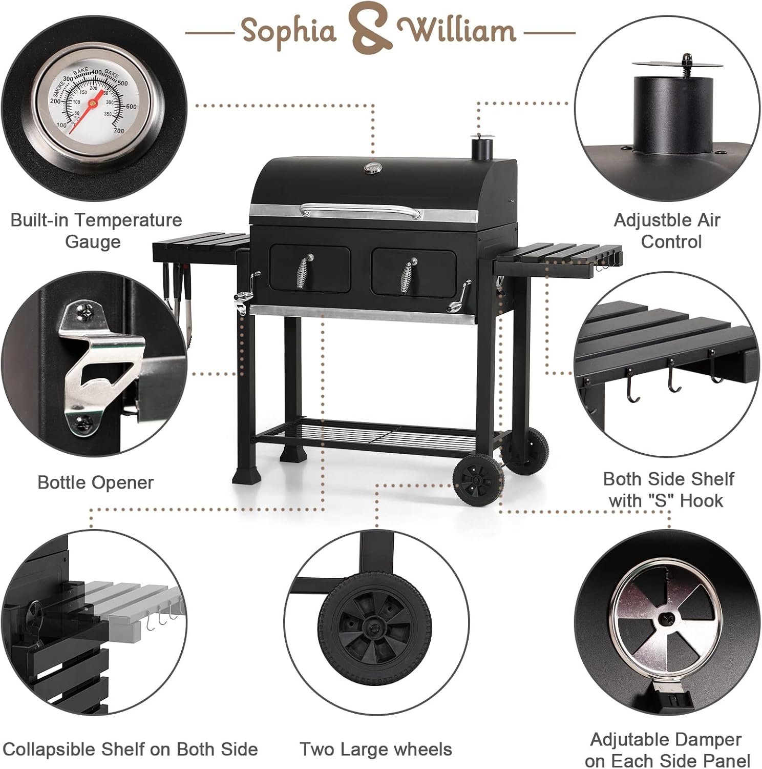 Sophia & William Extra Large Charcoal BBQ Grills with 794 SQ.IN. Cooking Area  Heavy Duty Outdoor Barbecue Grill with 2 Individual Lifting Charcoal Tray and 2 Foldable Side Table  Black