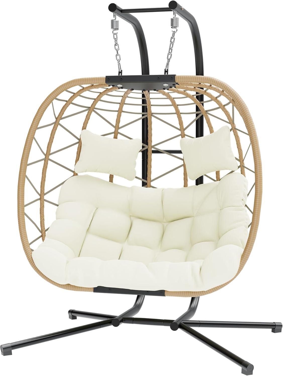 DoubleTT Double Swing Egg Chair with Stand  Oversized 2 Person Indoor Outdoor Wicker Patio Basket Hanging Chair with Beige Cushion 550 LBS Capacity for Bedroom Balcony