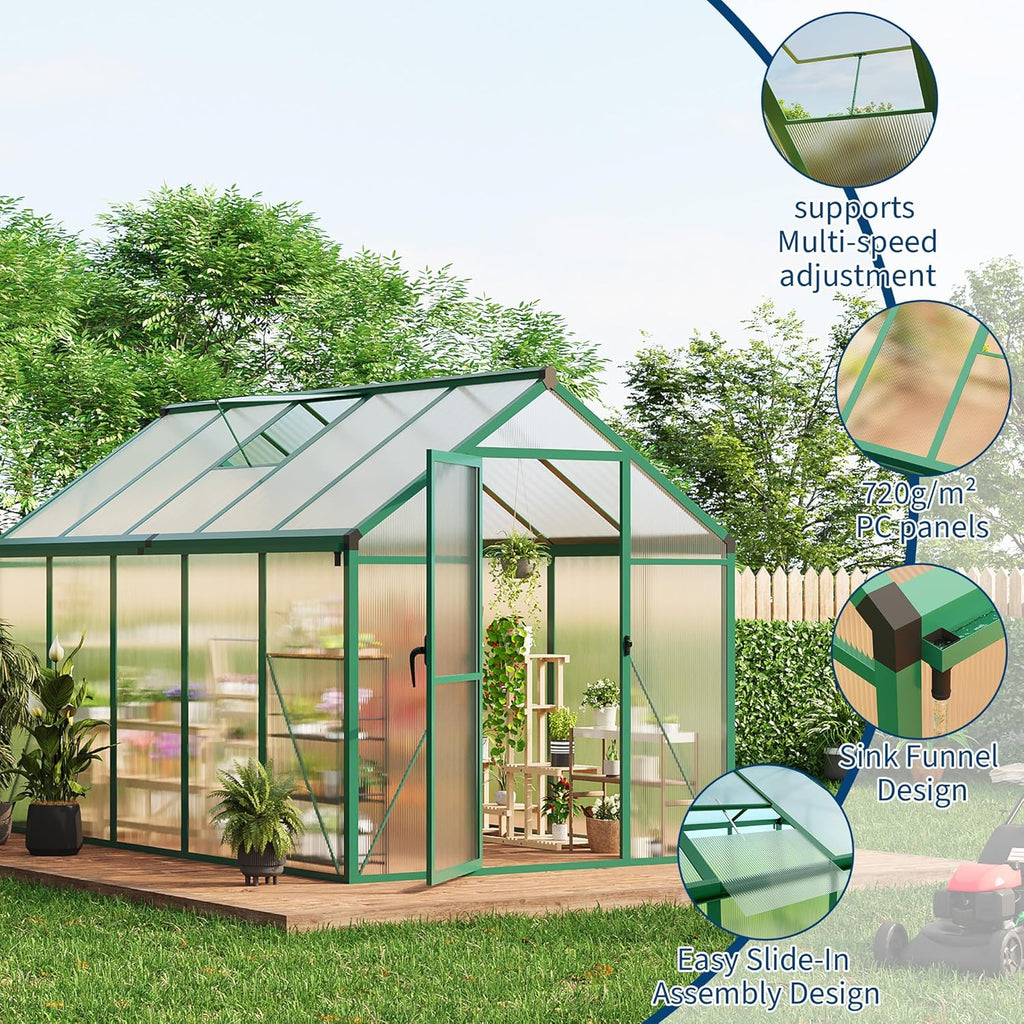 6 x 10 ft Greenhouse  Greenhouses for Outside  Polycarbonate Greenhouse with Aluminum Frame  Lockable Door and Ajustable Roof Vent for Backyard  Green Houses for Outside Garden Backyard  Patio