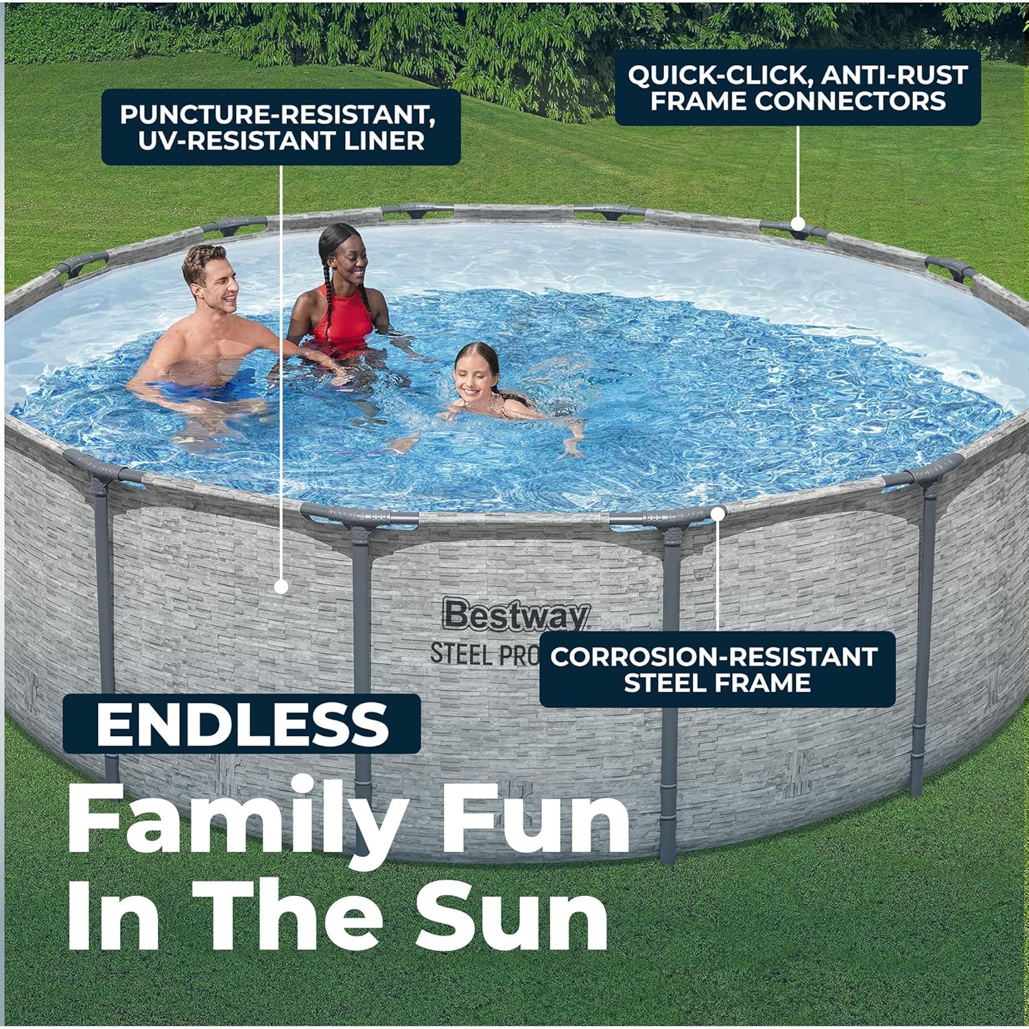 Bestway Steel Pro MAX 14' x 48" Above Ground Pool  Round Metal Frame Outdoor Swimming Pool Set with Filter Pump  Ladder  and Cover  Gray Stone Print