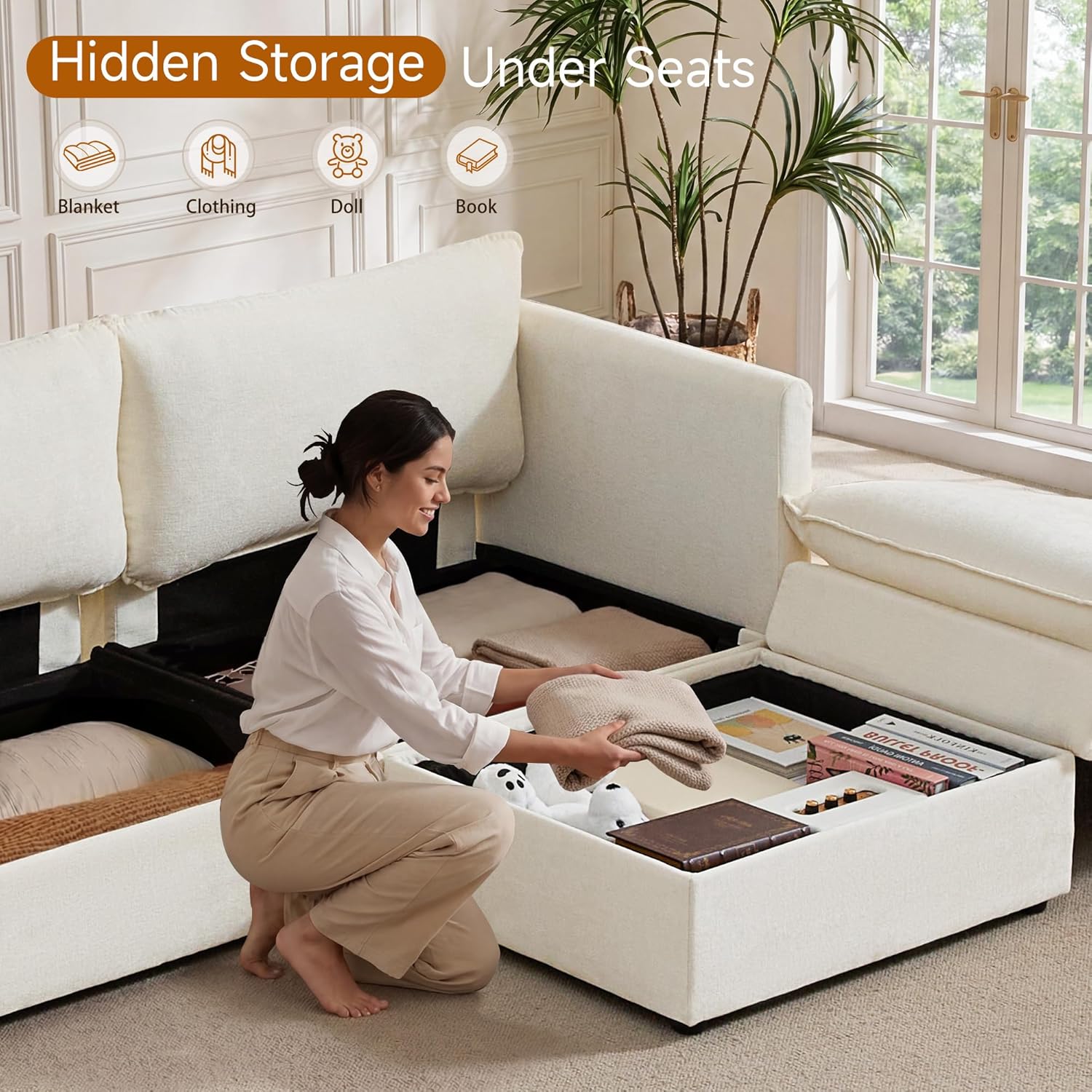 Modular Sofa with Storage, 135" U Shape Sectional Cloud Couch, Comfy Fabric Couch with Movable Ottoman, 6 Seat Modern Deep Seat Sofa for Living Room (Beige Chenille)