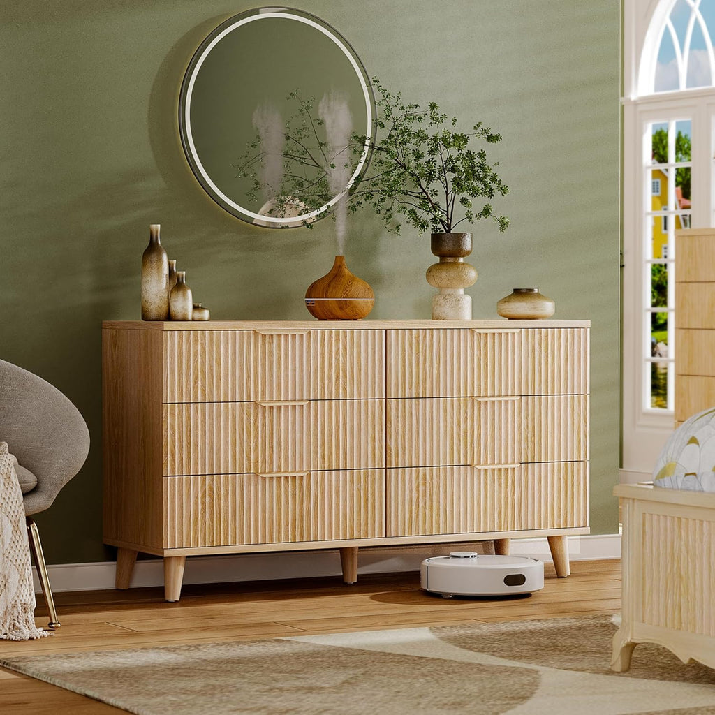 Lulive Dresser for Bedroom Wood Dressers Chest of Drawers, Fluted 53.2" Wide Modern Long Dresser TV Stand 6 Drawers for Bedroom, Closet, Living Room, Hallway (Natural)