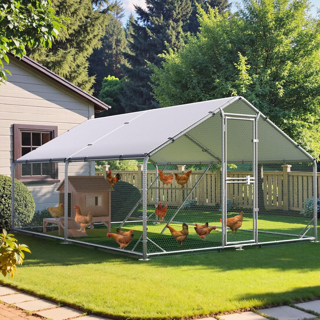 Large Chicken Coop Metal Chicken Run for Yard with Feeding Door Walk-in Chicken Pen for 10-20 Chickens Outdoor Poultry Cage with Anti-UV Cover