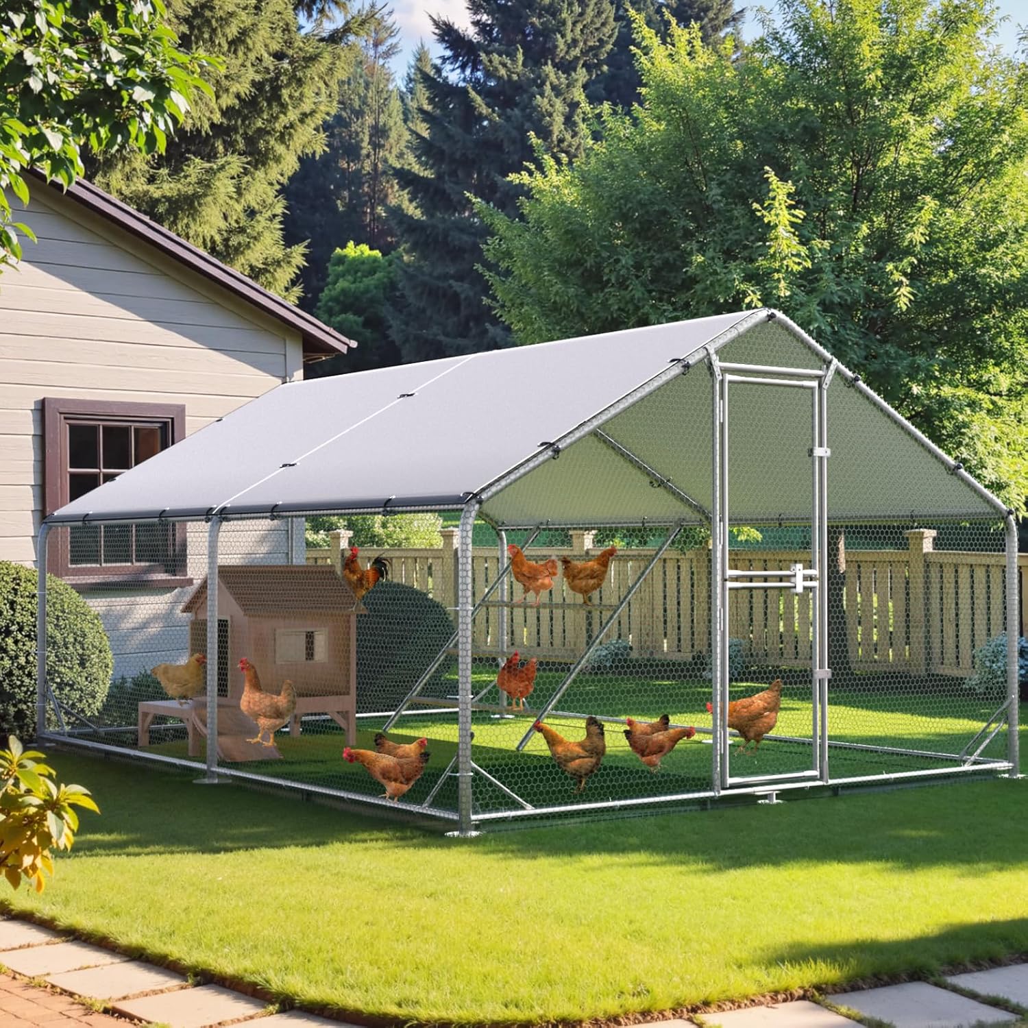Large Chicken Coop Metal Chicken Run for Yard with Feeding Door Walk-in Chicken Pen for 10-20 Chickens Outdoor Poultry Cage with Anti-UV Cover