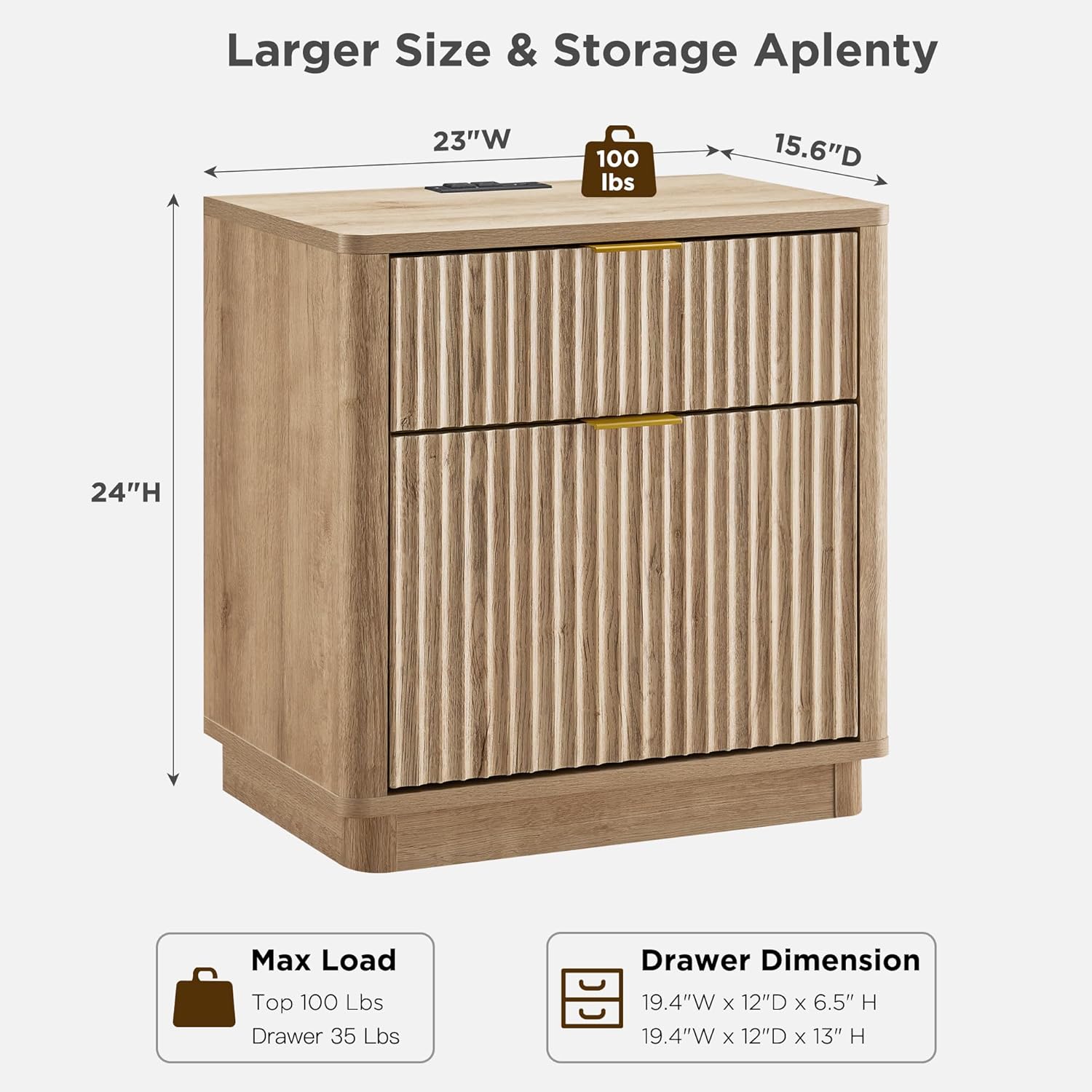 T4TREAM 23'' Fluted Nightstand Set of 2 with Charging Station, Large 2 Drawer Bedside Table, Modern End Table with Storage, Mid Century Night Stand for Bedroom Living Room, Curved Profile, Natural Oak