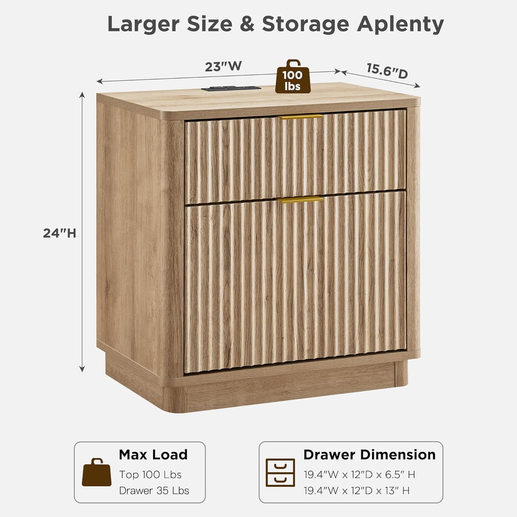 T4TREAM 23'' Fluted Nightstand with Charging Station, Large 2 Drawer Bedside Table, Modern End Table with Storage, Mid Century Night Stand for Bedroom, Living Room, Curved Profile, Natural Oak