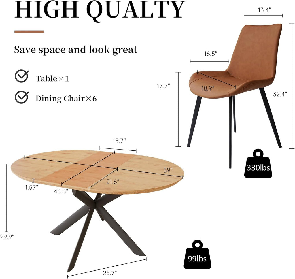 43.2"-59.1" Extendable Round Dining Table Set, Mid Century Wooden Round Kitchen Table, Oak Coffee Table for 4-6 Person,PU Leather Chair