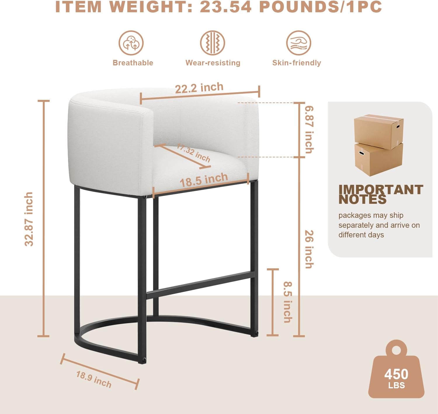 26" H Counter Height Bar Stools Set of 3, Modern Barrel Counter Stools with Backrest and Arms, Linen Fabric Upholstered Accent Barstools for Kitchen Island,Support 450 LBS (White)