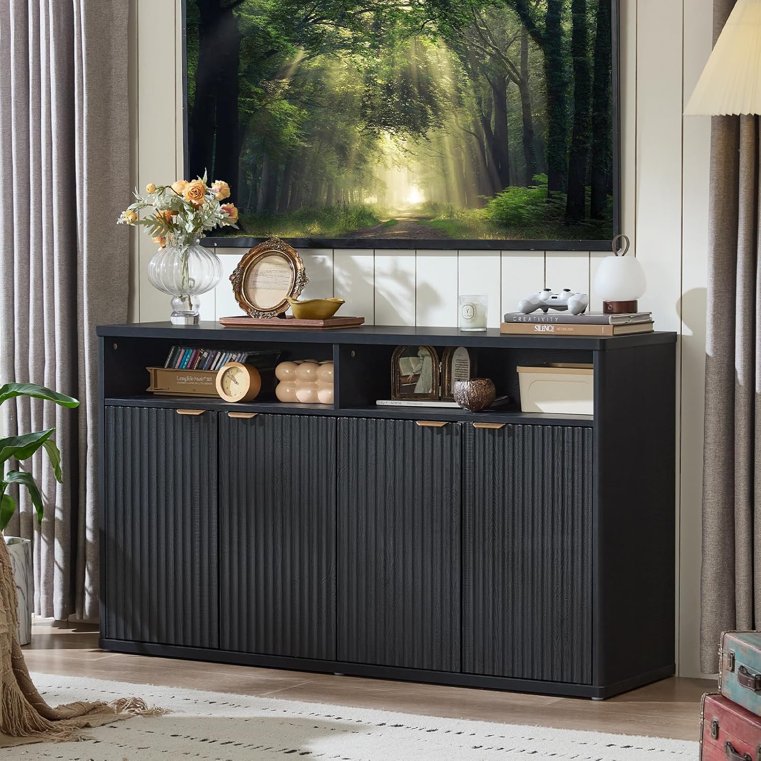 LEYAOYAO Fluted Buffet Cabinet with Storage, 55" Wide Wood Sideboard Credenza with 4 Doors & Open Storage Shelf, Modern Kitchen Console Accent Cabinets, Coffee Bar Table for Dining Room, Black Oak