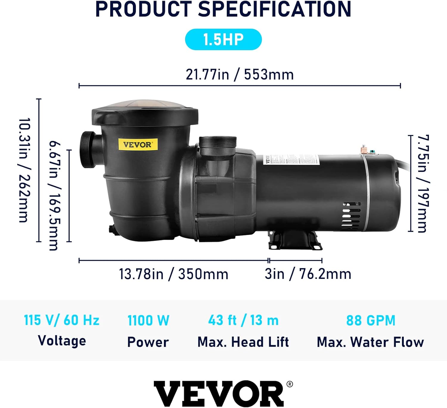 VEVOR Swimming Pool Pump  1.5 HP 115 V  1100 W Single Speed Pumps for Above Ground Pool w/Strainer Basket  5280 GPH Max. Flow  Certification of ETL for Security