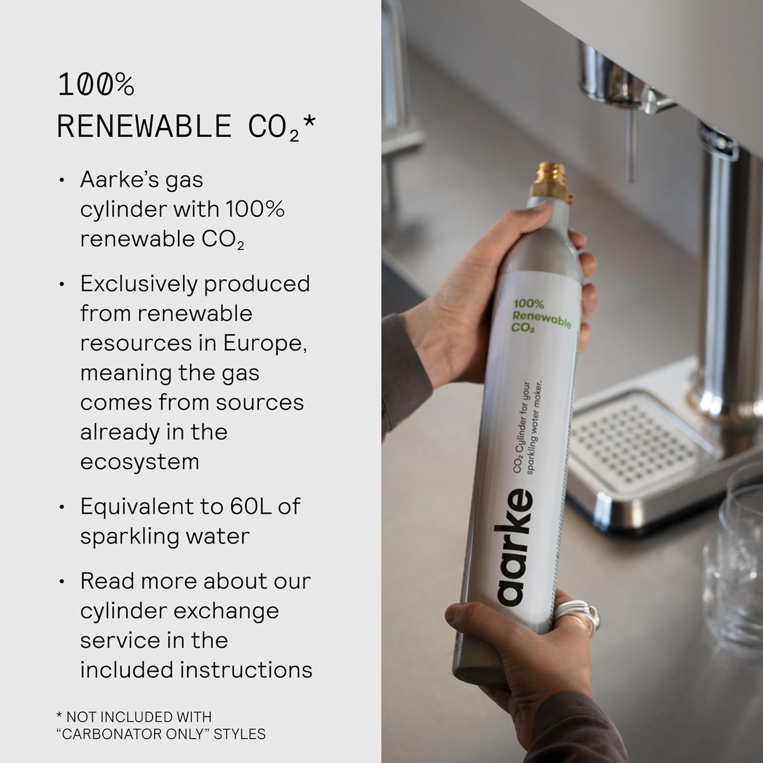 Aarke Carbonator lll with CO2 Cylinder, Sparkling & Carbonation Water Machine, Stainless Steel with PET BPA-Free Reusable Bottle Volume 1L/34 fl oz (Matte Grey)