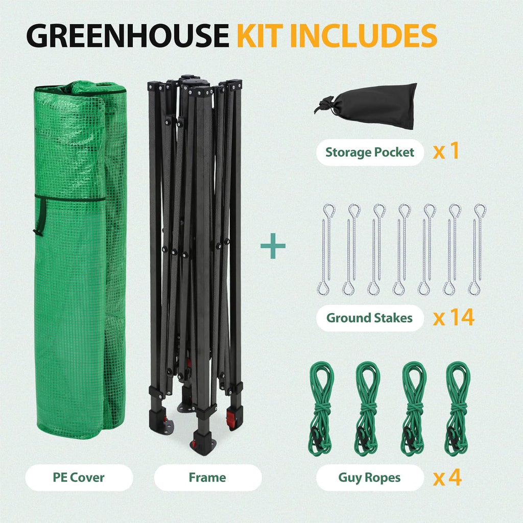 EAGLE PEAK Instant Pop-up Greenhouse  Indoor Outdoor Plant Gardening Green House  Roll-Up Zipper Doors and Side Windows  Walk in 8x6 ft  PE Cover  Green/Clear