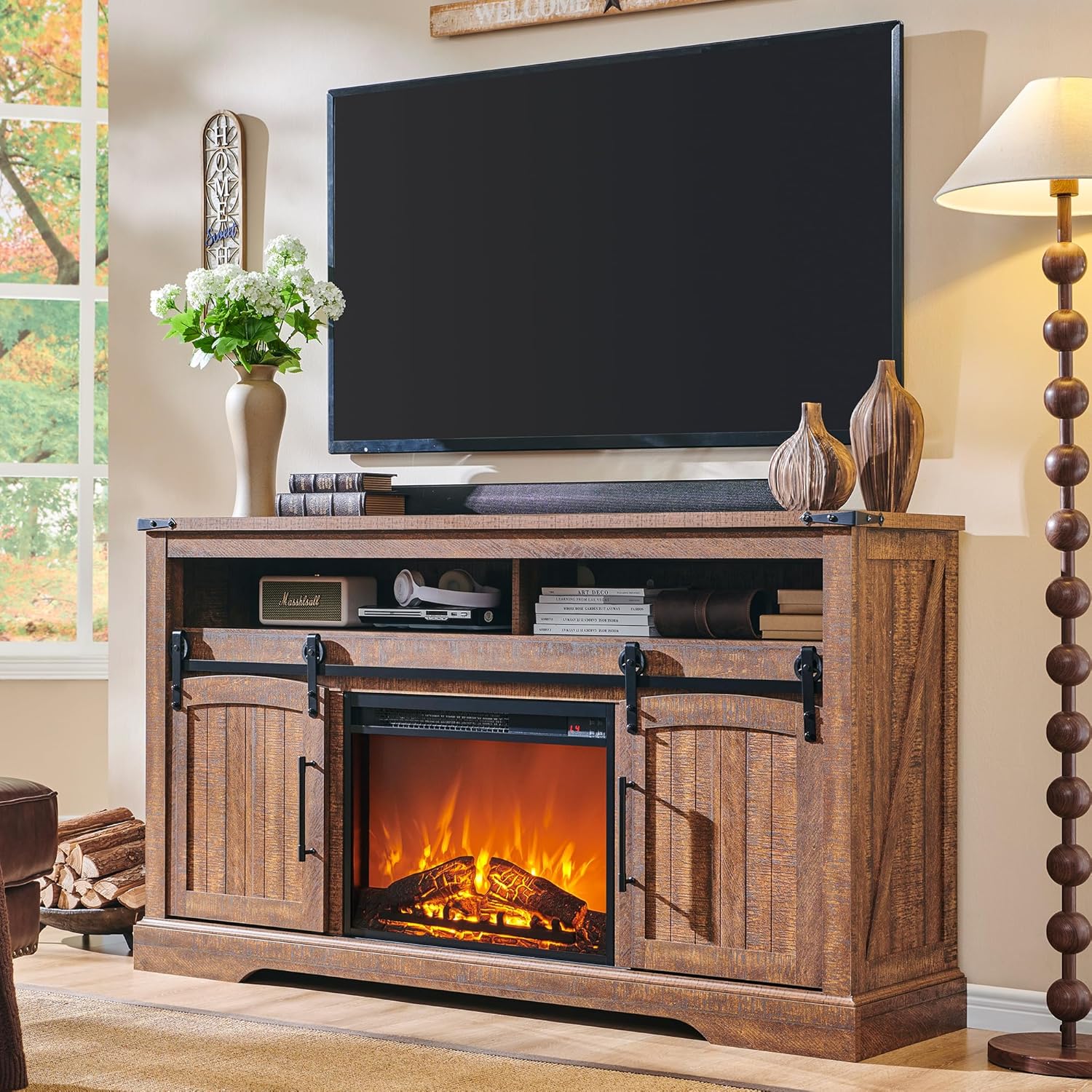 OKD Farmhouse Fireplace TV Stand for 70 Inch TV, 34" Tall Highboy Entertainment Center with 23" Electric Fireplace, Rustic Media Console w/Sliding Arched Door for Living Room,Reclaimed Barnwood