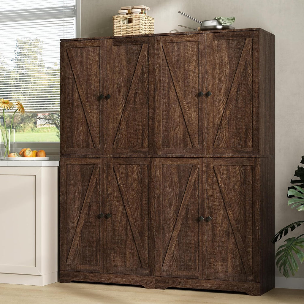 Kitchen Pantry Cabinet Set of 3, 72” Tall Farmhouse Storage Cabinet with 4 Barn Doors and Adjustable Shelves, Pantry Cabinet Versatile Storage for Kitchen, Living Room, Brown