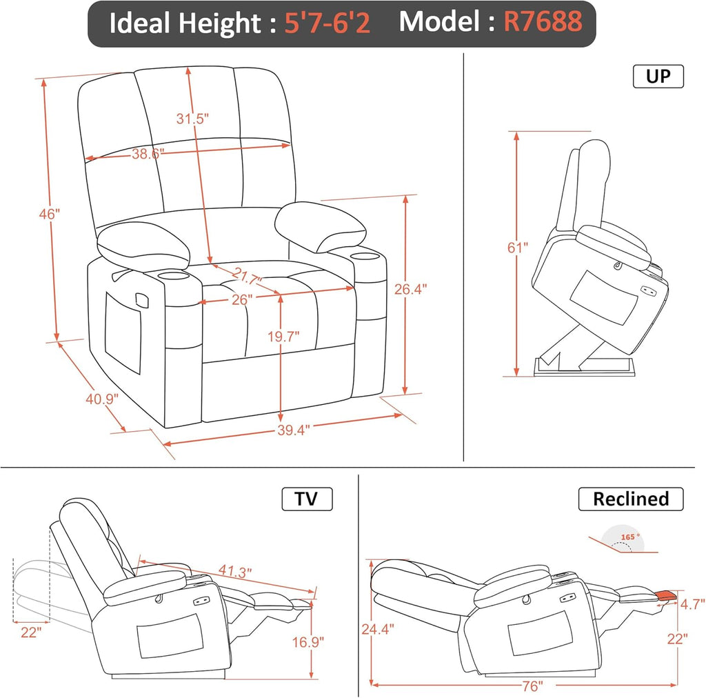 MCombo Oversized Dual Motor Power Lift Recliner Chair Sofa with Massage and Heat for Big Elderly People, Infinite Position, USB Ports, Faux Leather R7688 (Dark Grey, Large-Oversize)