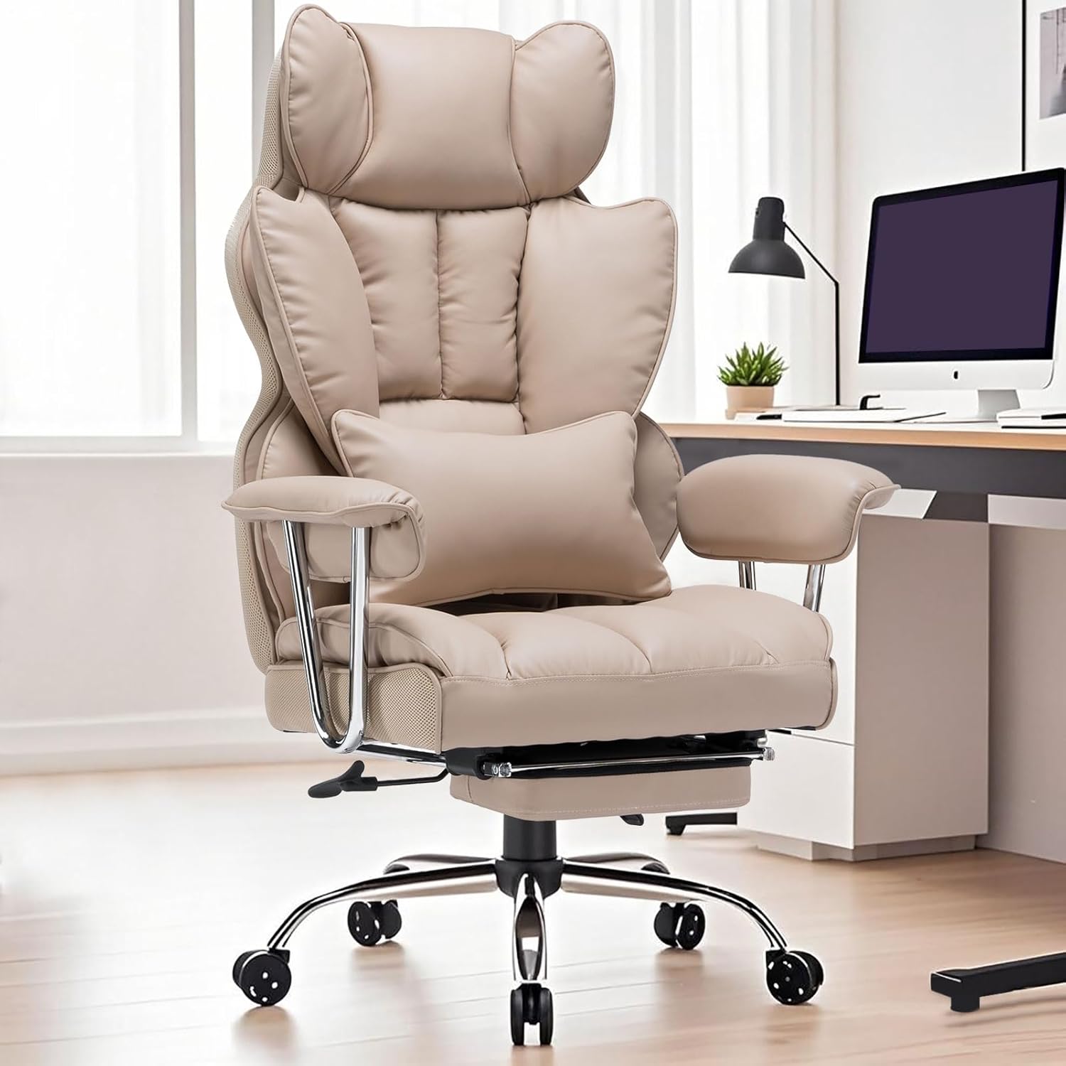 Efomao Big and Tall Office Chair 400lbs – PU Leather Executive Office Chair with Lumbar Support & Leg Rest, Heavy-Duty Computer Chair for Home Office, Dark Beige