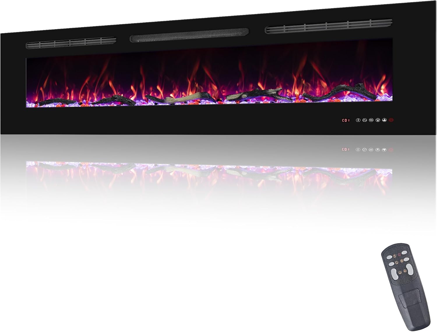 72inch Electric Fireplace in Wall Recessed and Wall Mounted Fireplace Electric, 13 Flame Colors, Realistic Logs & Crystals Fuel Bed, Adjustable Temperature and Timer, 750W/1500W, Black