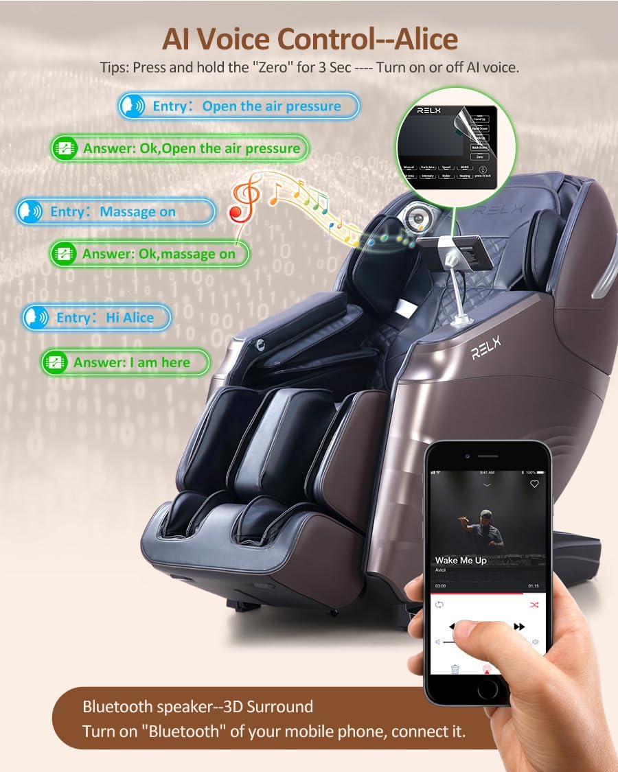 RELX Massage Chair Full Body, 15 Modes Zero Gravity SL-Track Shiatsu Massage Chair Built-in Heat System, Airbag Massage with Body Scan, Deep Yoga Stretch, Calfrest Extension and AI Control(Brown)