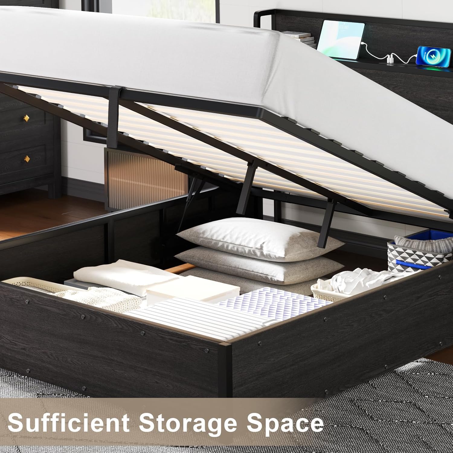 AMERLIFE Queen Size Lift Up Storage Bed Frame, Wooden Platform Bed Frame with Lifting Storage & Charging Station, No Spring Box Needed/Noise Free, Black