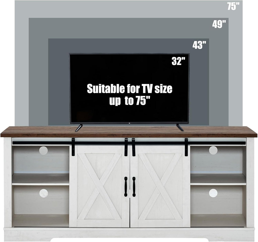 AMERLIFE 66" Farmhouse TV Stand for 75 Inches TVs, Entertainment Center with Sliding Barn Door and Adjustable Shelf & Feet, Console Table with Storage, Distressed White & Rustic