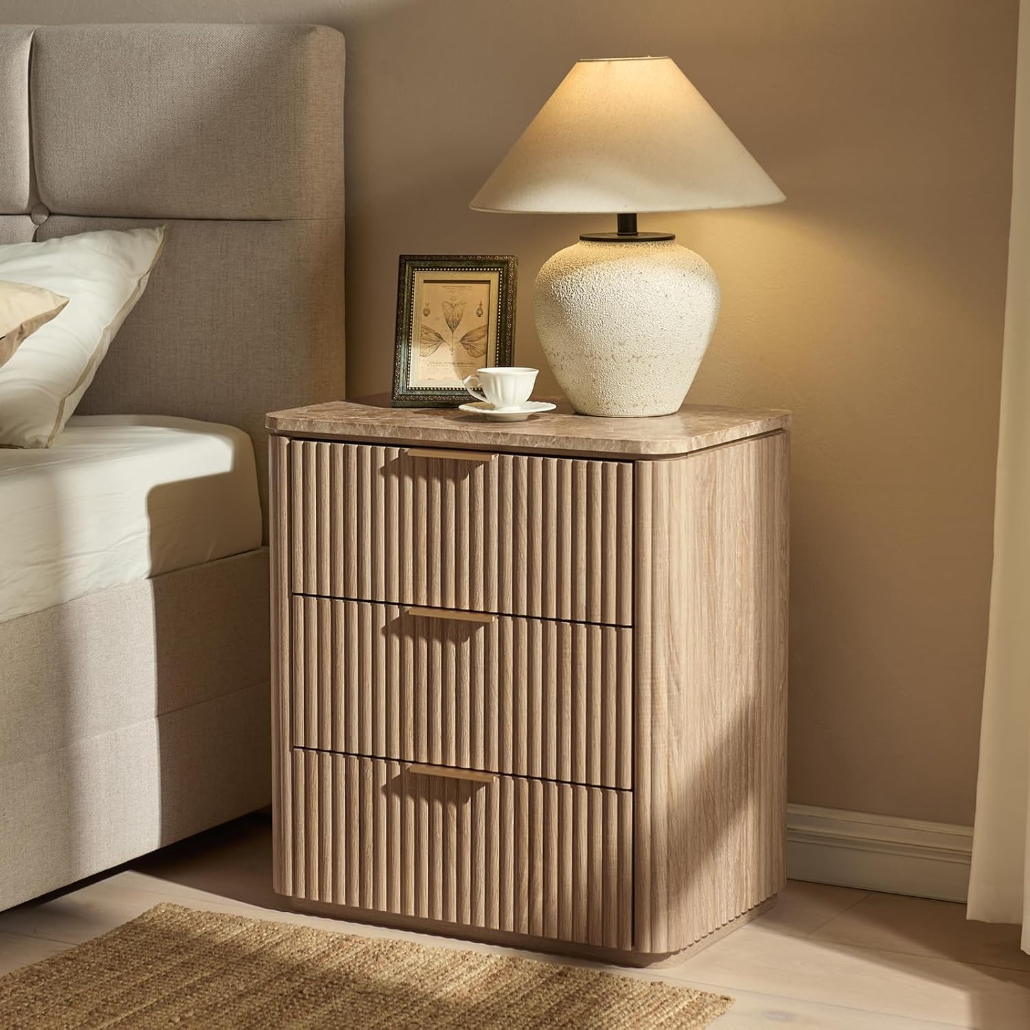 Fluted Nightstand Set of 2, Engineered Wood Bedside Table with 3 Drawers, Modern End Table with Faux Marble-Top, Curved Corners, Metal Handle, Large Night Stand for Bedroom, Office, Closet Natural Oak