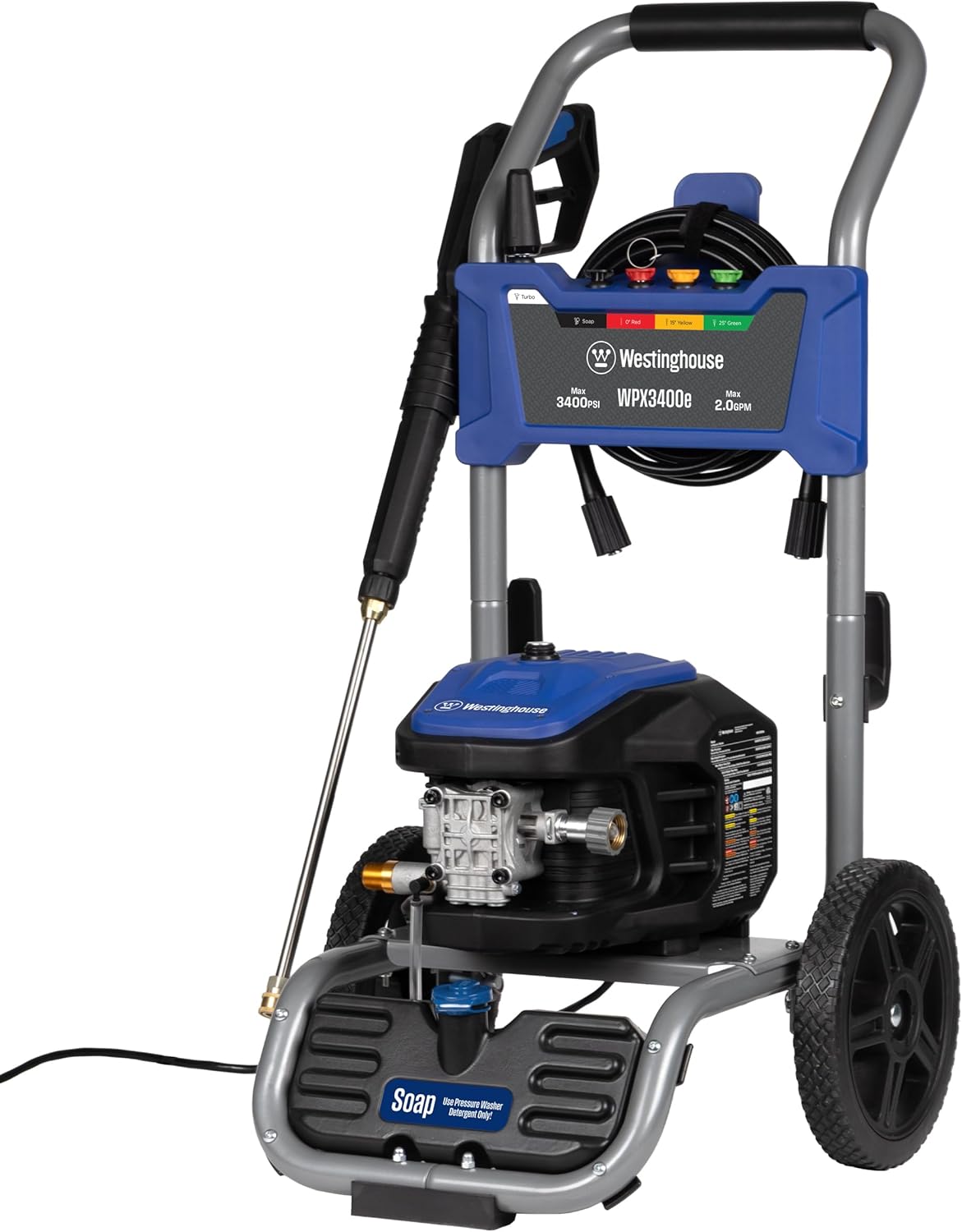 Westinghouse WPX3400e Electric Pressure Washer  3400 Max PSI and 2.0 Max GPM  Brushless Motor  Onboard Soap Tank  Spray Gun and Wand  5 Nozzle Set  for Cars/Fences/Driveways/Homes/Patios/Furniture