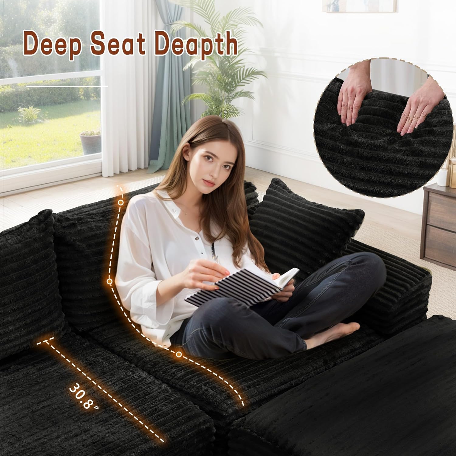 110" L-Shaped Modular Sectional Sofa with Chaise, Boneless Comfy Corduroy Fluffy Couch with Deep Seat and Side Pockets, Flexible Module Combination for Living Room, No Assembly, Side Pockets